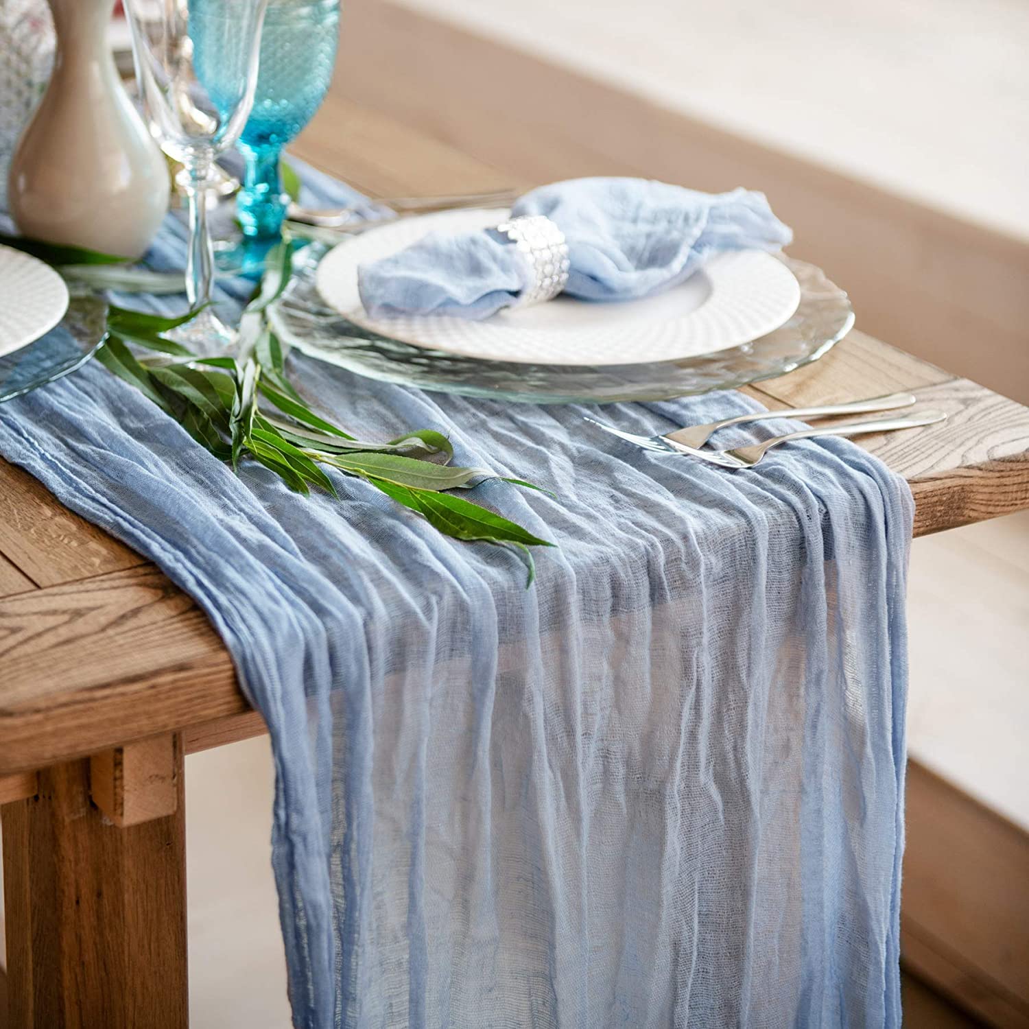 4m Cheesecloth Table Runner, Dusty Blue Boho Gauze Table Runner, 90x400 cm Rustic Sheer Table Decor