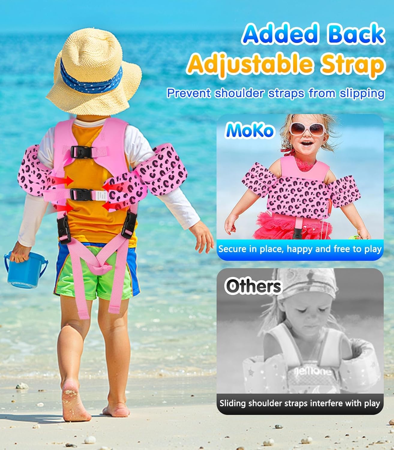 MoKo Toddler Swim Vest for 15-30-50-66 pounds, Boys Girls Swim Puddle Arm Floaties Cartoon Swimming Water Wings with Crotch Strap, Pool Floats Jacket Sleeves Shoulder Straps Arm Band for Toddler