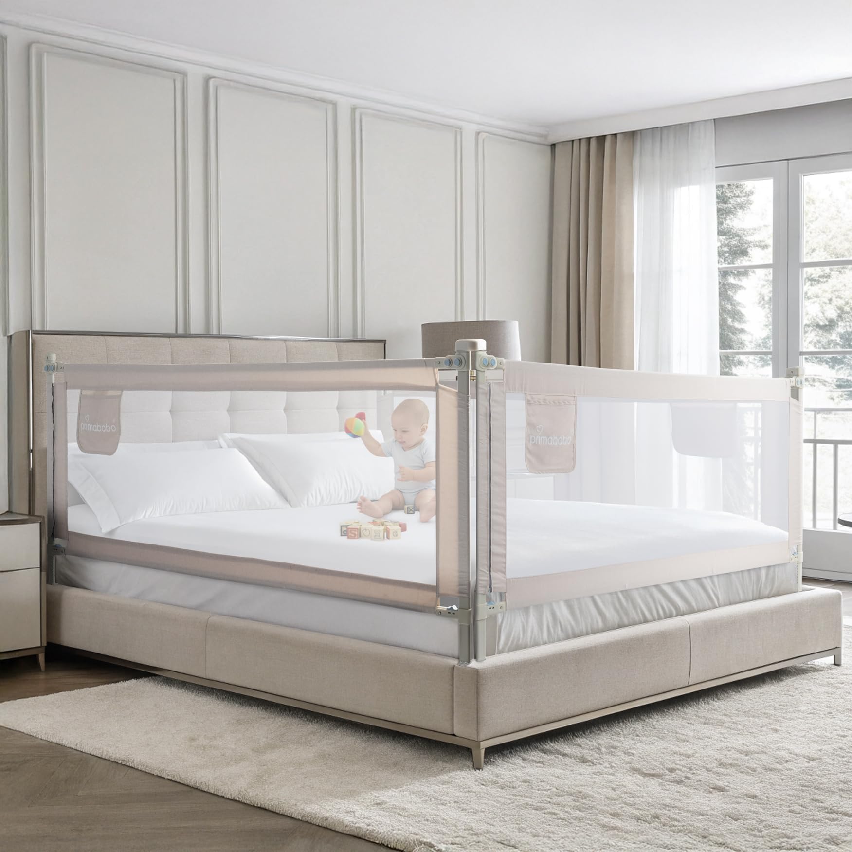 Primabobo Bettgitter Set 3 Stück Beige – 2X 200 cm + 1x 160 cm – Rausfallschutz Kinderbett, Sicheres Bettgitter, Bettschutz Komplettset