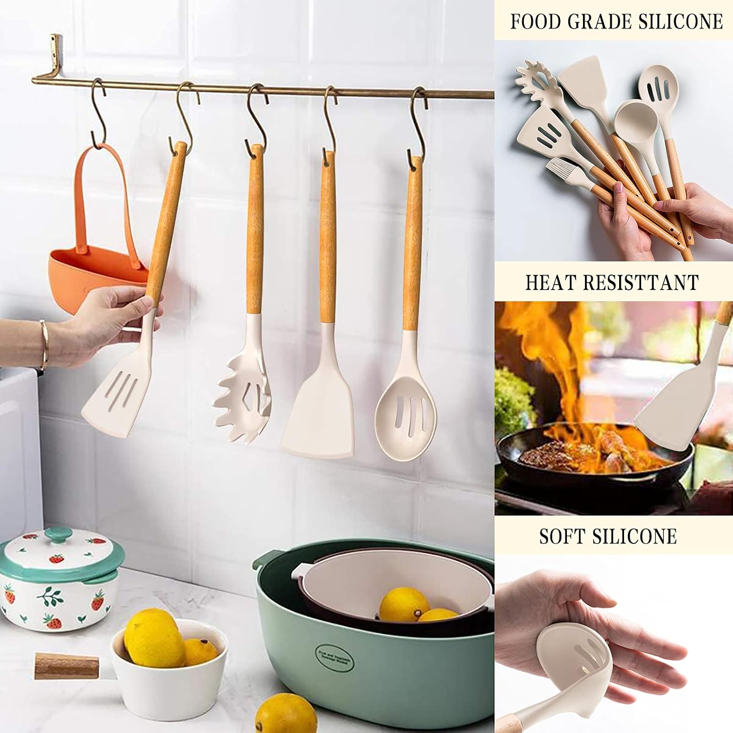 Silicone Kitchen Cooking Utensils Set, Umite Chef 31 pcs Heat Resistant Silicone Wooden Handles Cooking Utensil Spatula Set with Holder, Khaki Kitchen Gadgets Tools Set for Nonstick Cookware