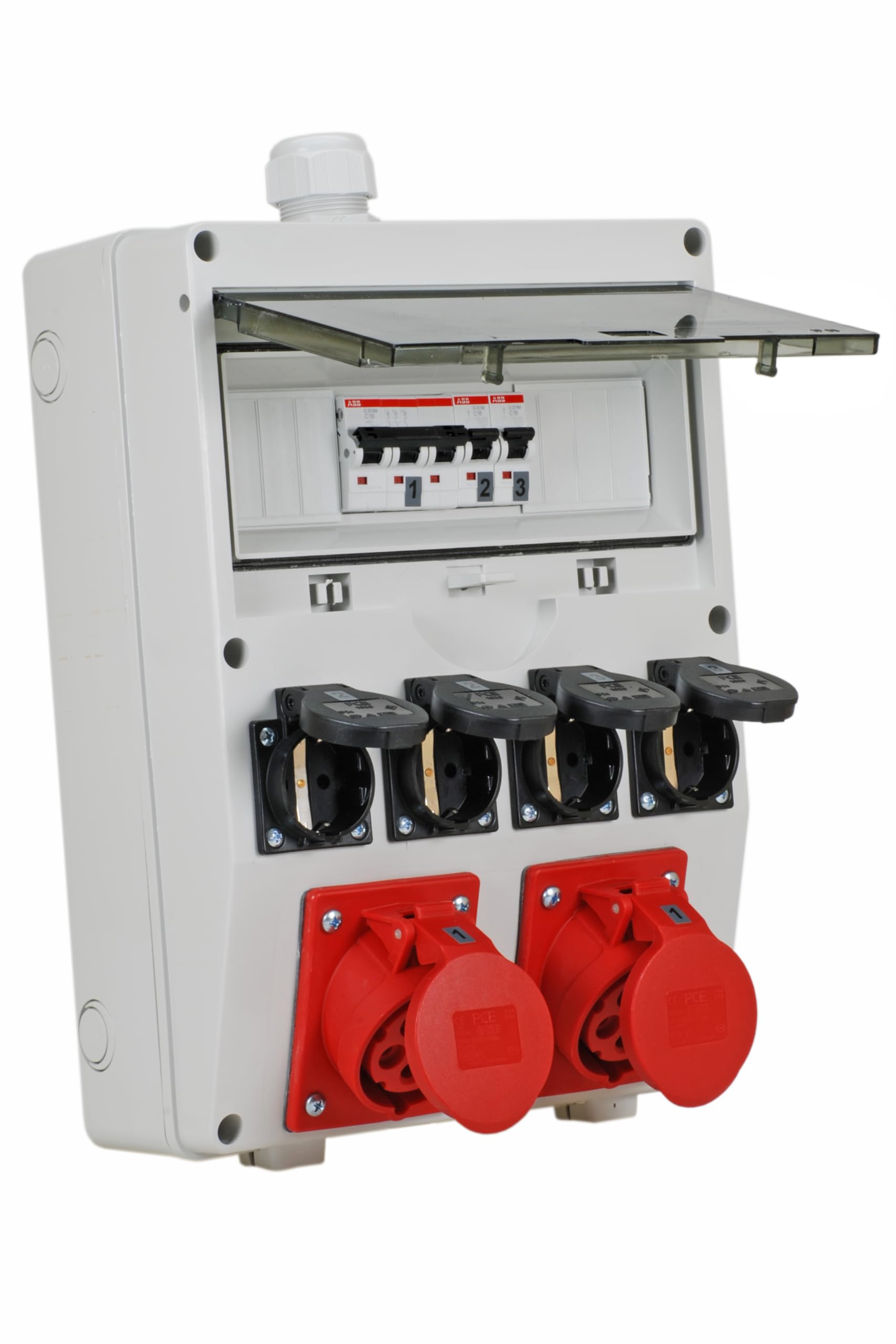 EHMANN PROFI Wandverteiler, M32 Eingang für Kabel, mit Leitungsschutzschaltern, Made in Germany, 6 Ausgänge (2 x CEE 16 A / 4 x 230 V~), K2, BGI-GUV-I608