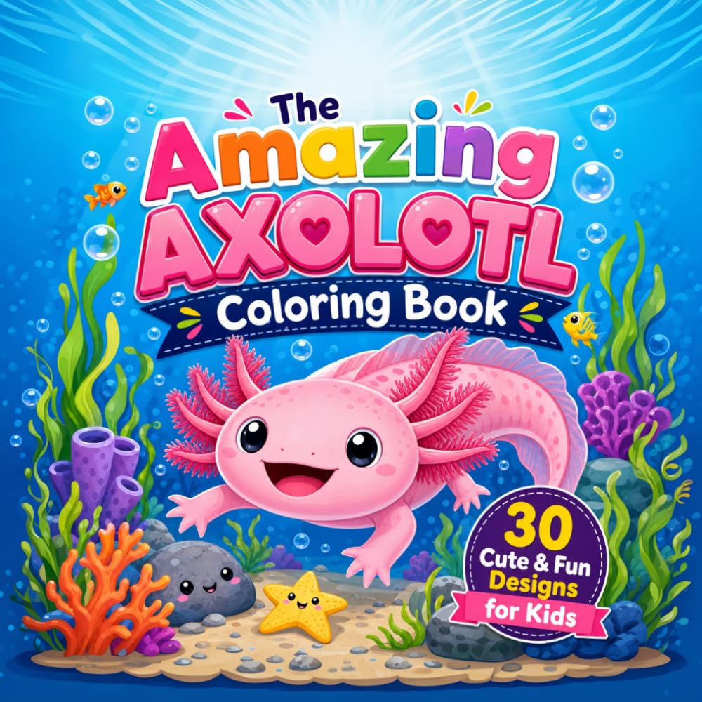 The Amazing Axolotl Colouring Book for Kids: 30 Cute and Fun Axolotl Designs for Children, Bold and Easy Colouring Pages