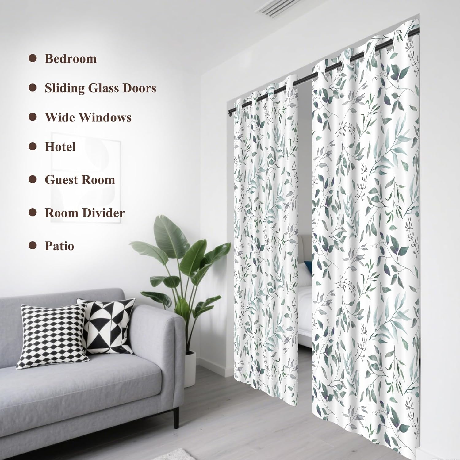 AWERT Green Leaves Thick Linen Window Curtains 55 Inch Length 2 Panels Leaf Plant Print Botanical Light Filtering Window Drapes for Bedroom Living Room Wide Sliding Door Curtains 29x55 Inches