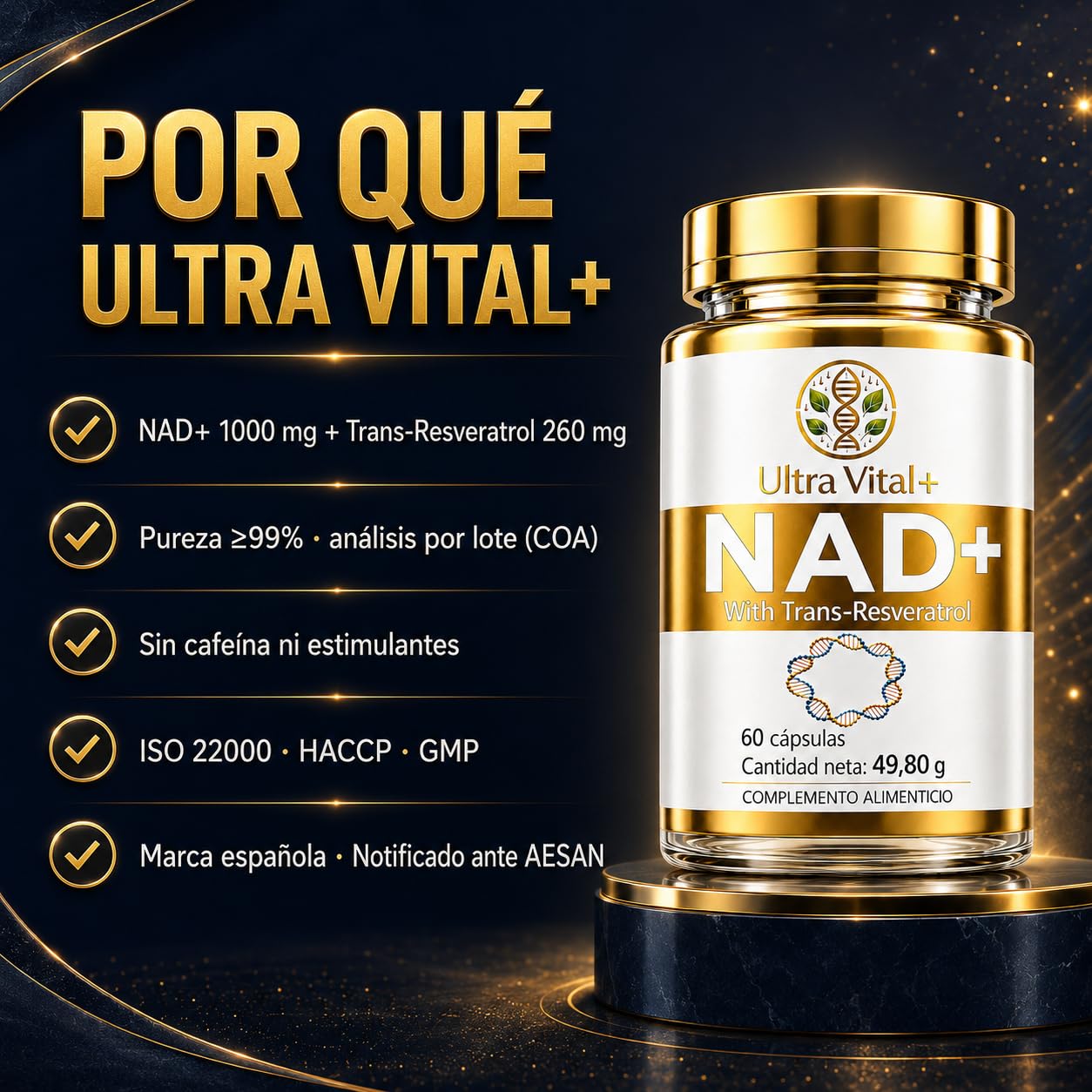 NAD Resveratrol Puro 1000 mg, NAD+ Trans-Resveratrol Sin Cafeína, 60 Cáps | NAD+ 1000 mg + Trans-Resveratrol 260 mg por dosis diaria. Pureza superior al 99%, analizada por lote. Marca española