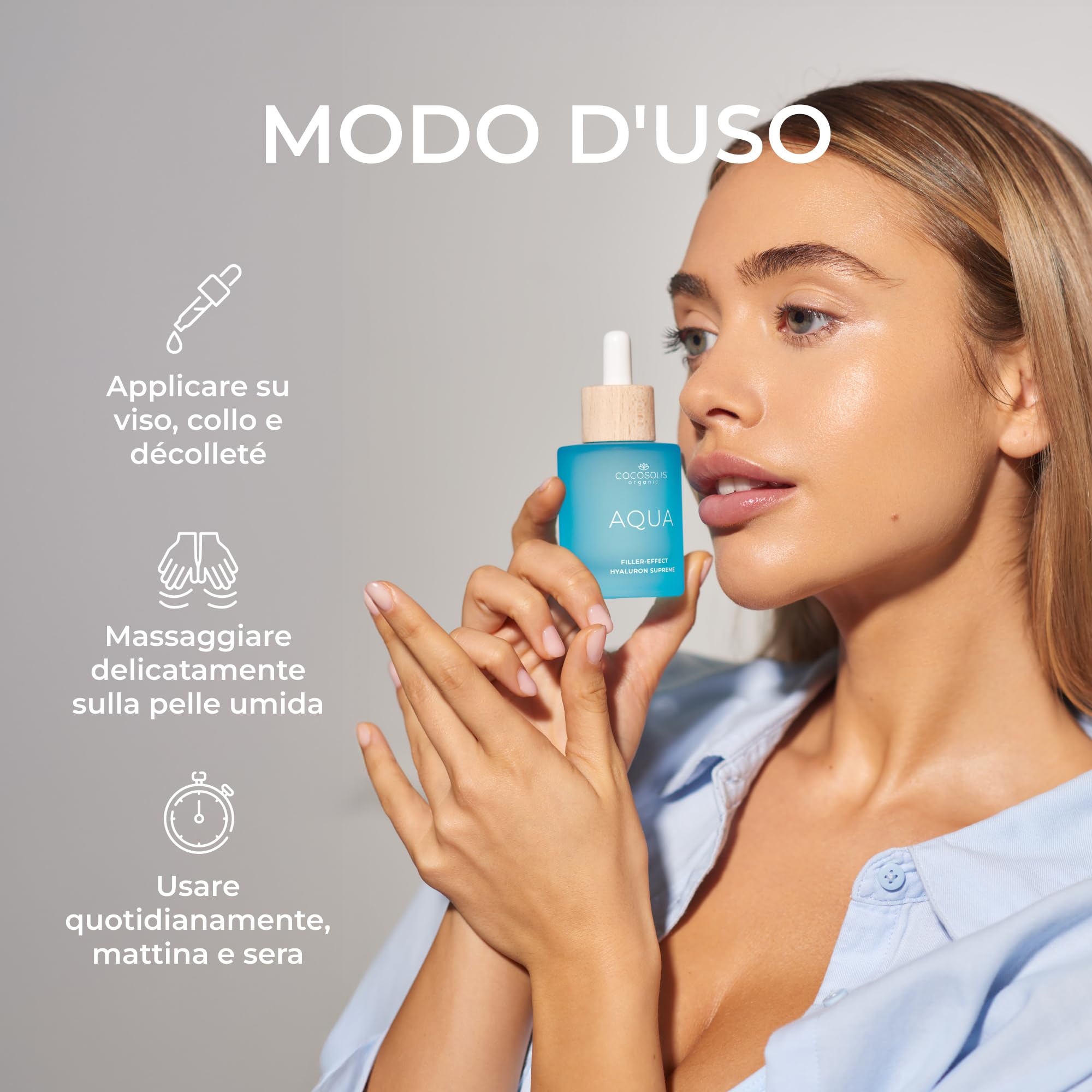 COCOSOLIS AQUA Filler-Effect Hyaluron Supreme Siero viso con 8 tipi di acido ialuronico e Aquaxyl™, vegano Anti-Age Cura diurna con Ultra Idratazione