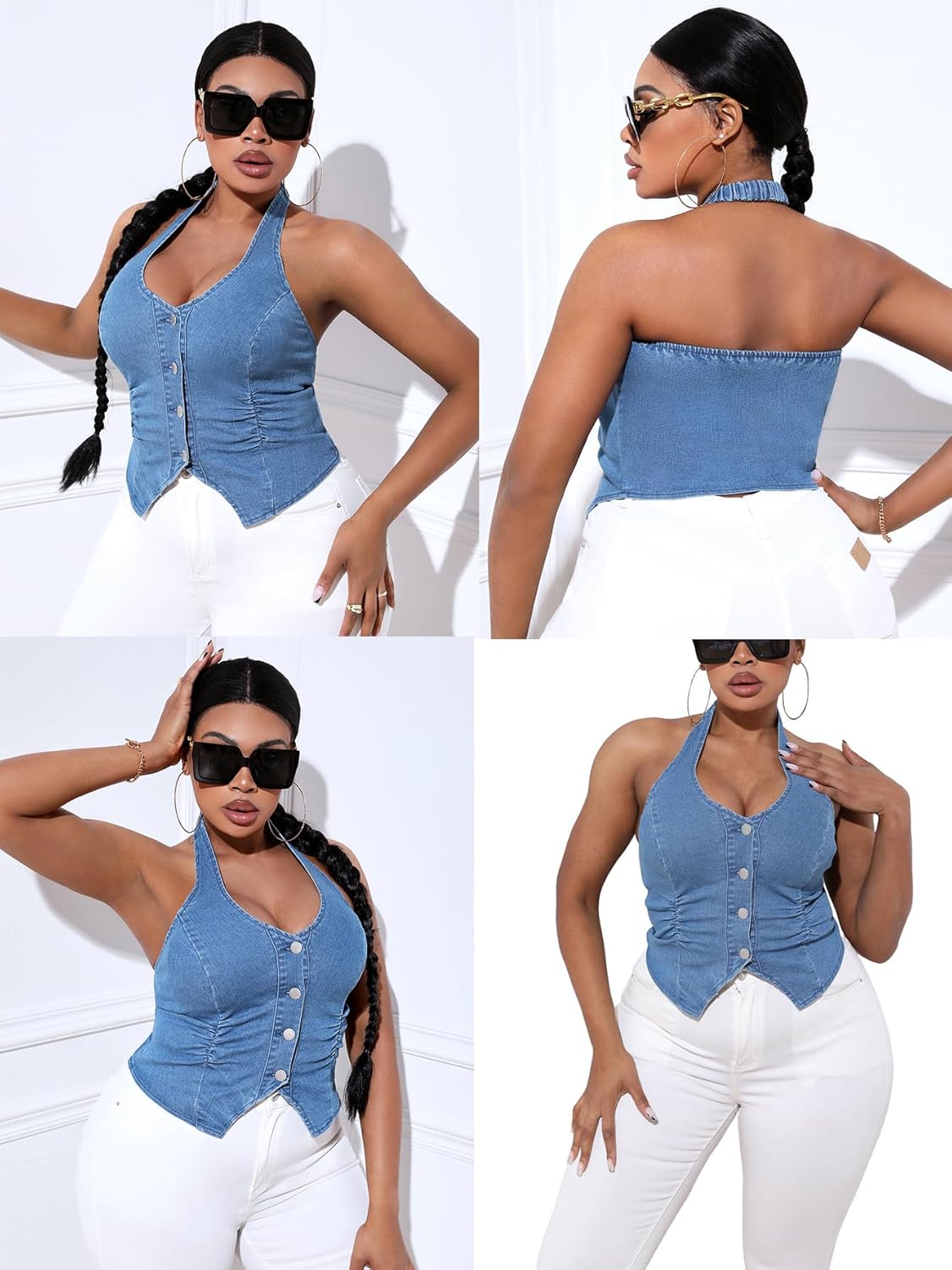 OYOANGLE Women's Plus Size Denim Top Button Front Halter Sleeveless Ruched Jean Vest Tank Concert Outfits - Image 2