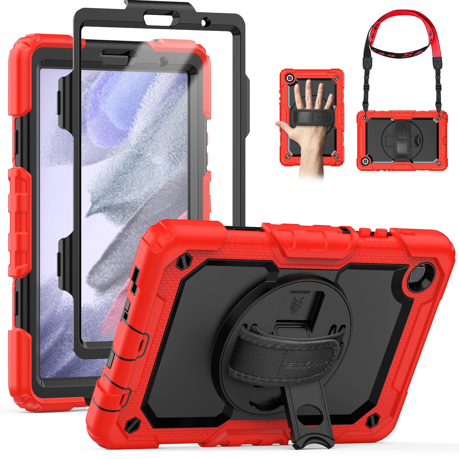 SEYMAC for Samsung Galaxy Tab A7 Lite Case 8.7 Inch (SM-T220/ T225/ T227), Sturdy Heavy Duty Shockproof Protective Case with Screen Protector, 360° Rotating Stand, Hand/Shoulder Strap, Red