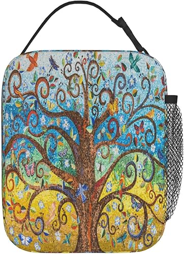 Miniatura 2 de Oplp Colorida bolsa de almuerzo con diseño de árbol de la vida, mosaico, mariposa, pájaros, bolsa de comida aislada, contenedor de alimentos para la