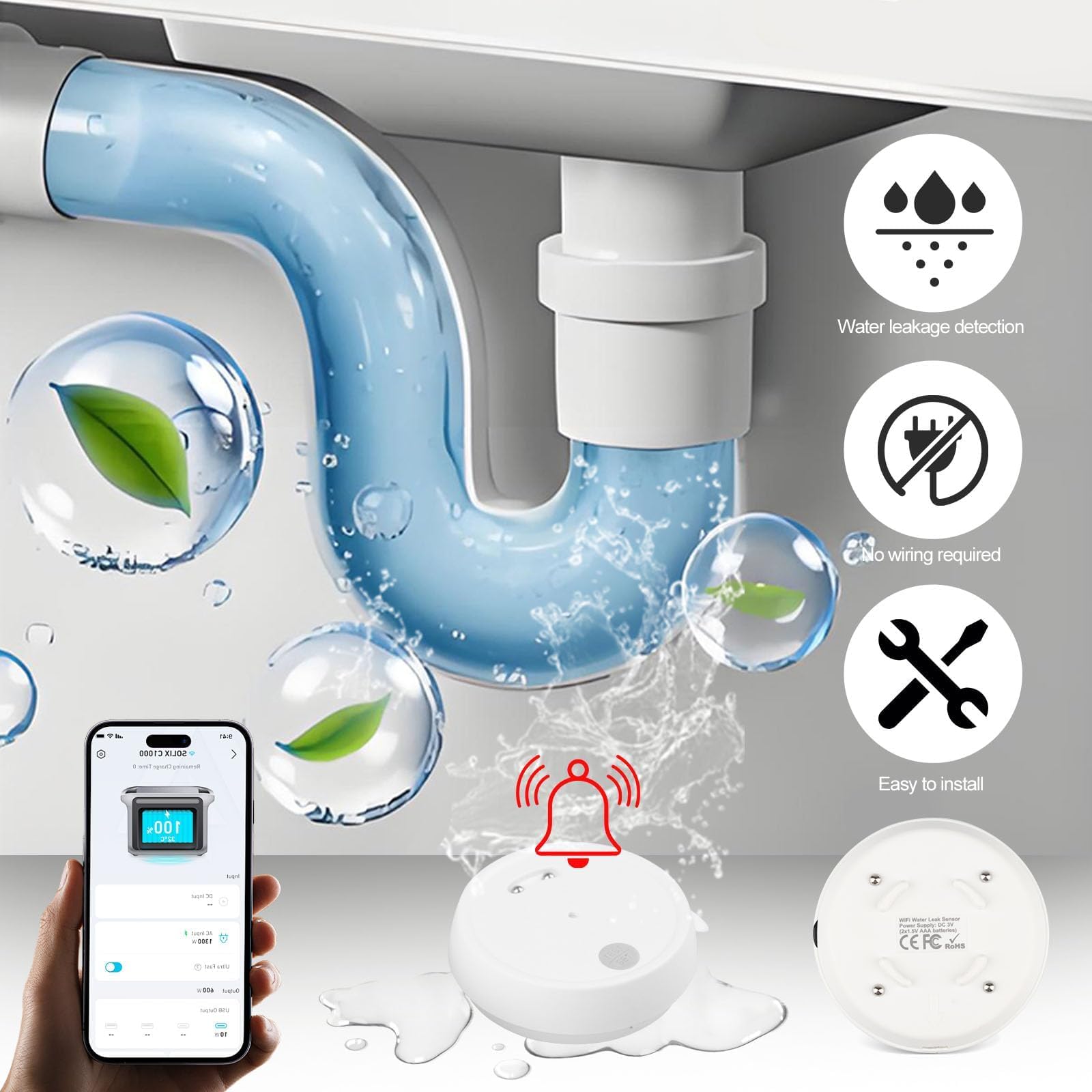 Detector Agua Inteligente WiFi Sensor de Alarma Audio Detector Inteligente de Fugas Agua Inundación Inalámbrico 110 dB para Lavabo Sótano Cocina Notificación App Impermeable IP66