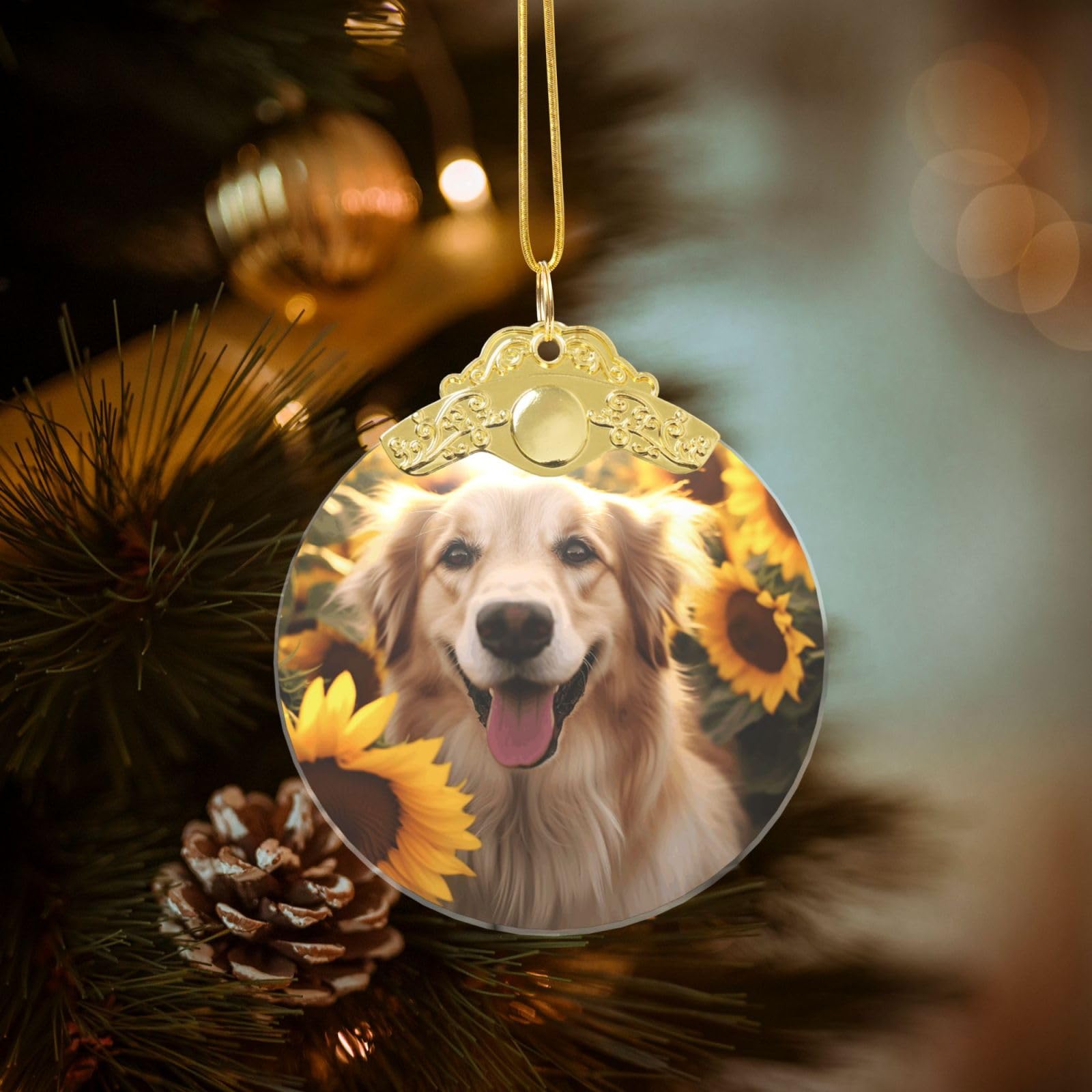 Crystal Christmas Ornaments for Christmas Tree Decoration Hanging Dog and Sunflower Ornament with Gold Ribbon Crafts Round Pendant for Keepsake Gifts Glass Xmas Decor Party Supplies