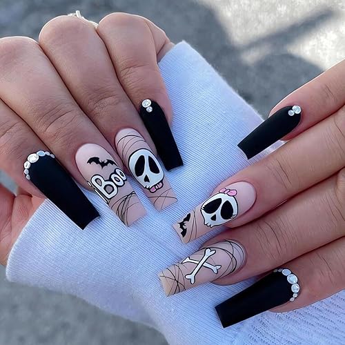 Uñas postizas a presión de Halloween muy largas, uñas postizas cuadradas de acrílico de dibujos animados de Halloween para mujer, uñas brillantes de