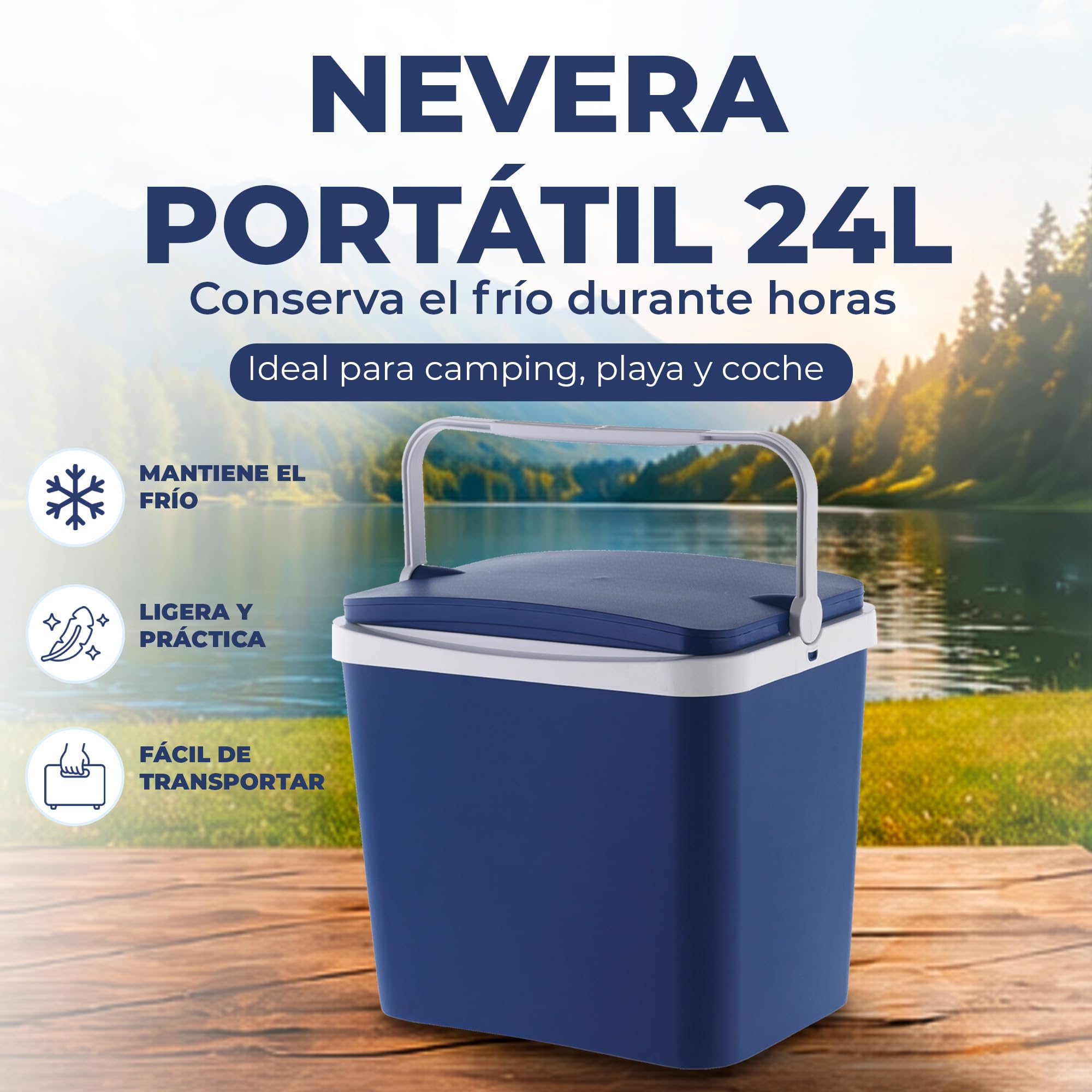 Nevera Portatil Playa Rígida L - Polipropileno de Color Blanca y Azul - Resistente y Duradera Ideal para Camping, Barbacoas, Picnic - Fabricada en España