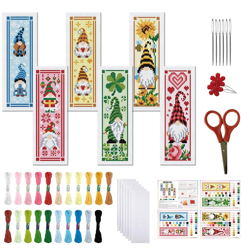 FREEBLOSS 6 Set Cross Stitch Bookmark Kit St. Patrick Gnome Pattern Stamped Cross Stitch Kit 11CT Christmas Embroidery Kits with Instructions for Beginners Adult 20x6cm/8x2.4inch