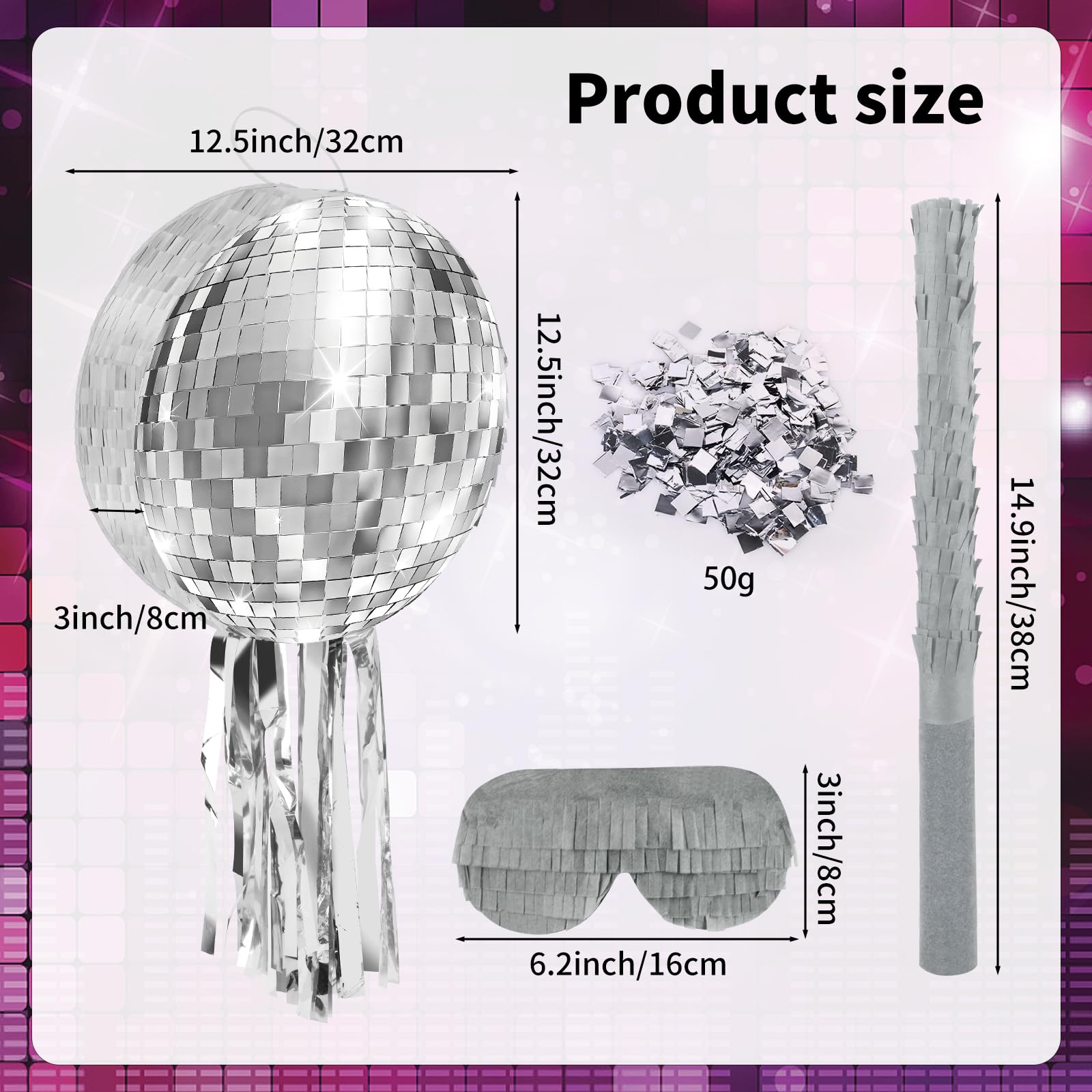 12.5 Inch Disco Party Pinata 80s 90s Roller Skating Pinata Mirror Disco Ball Pinata with Blindfold Stick Confetti for 80s 90s Disco Birthday Wedding Party Supplies Decor (Disco Ball)