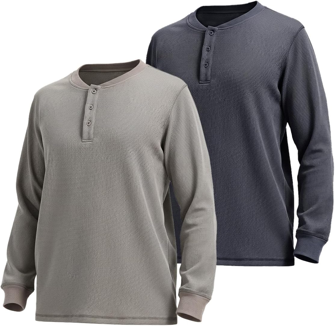 Liloak 2/3/4 Pack Men’s Waffle Henley Shirts Long Sleeve Casual Pullover Tees, Soft Knit Regular Fit Tops for Everyday Wear