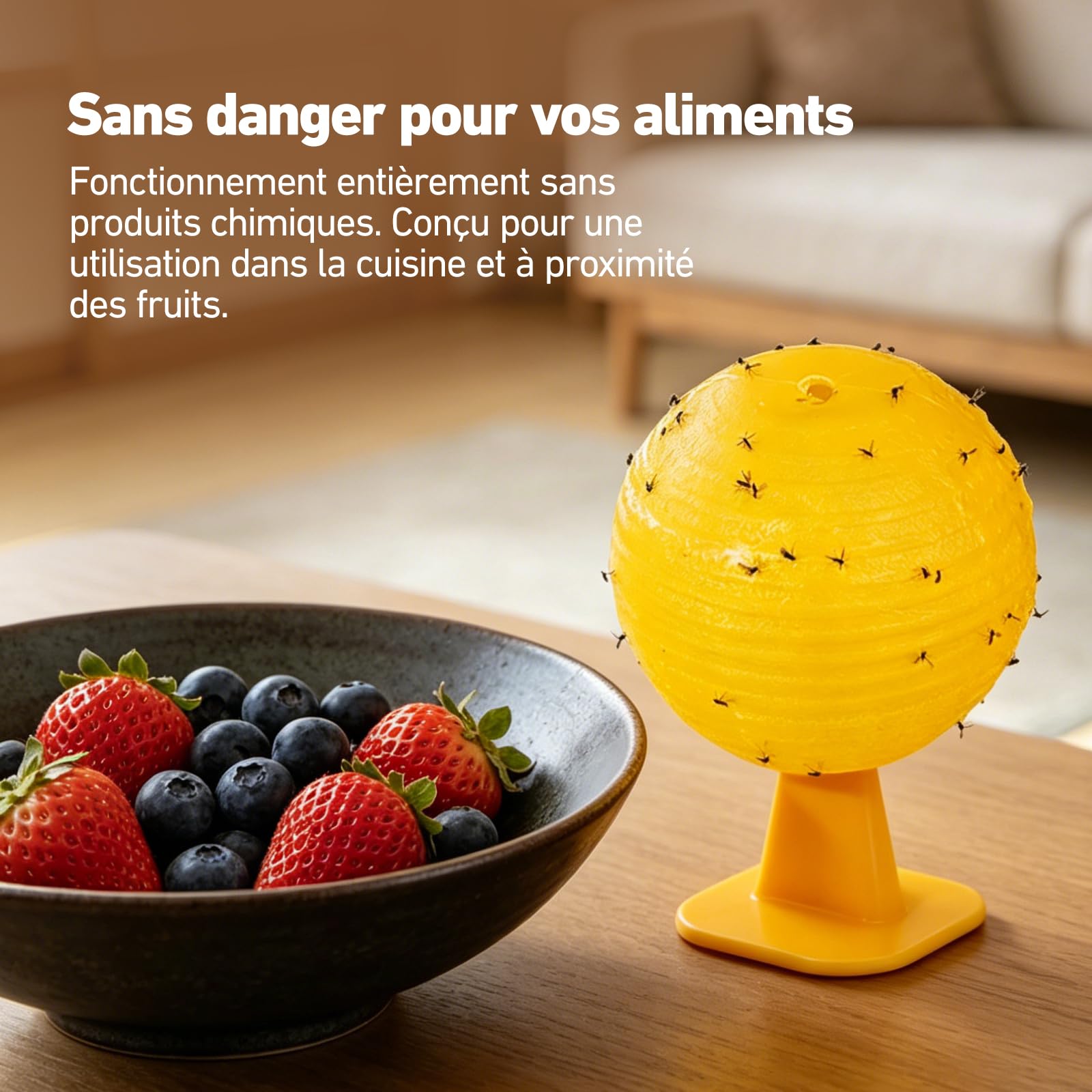 Boule Anti Moucherons Cuisine Lot de 6, Piège Mouches Fruits sans Produits Chimiques, Boules Jaunes Réutilisables pour Fruits, Évier, Plantes, Poubelle et Maison