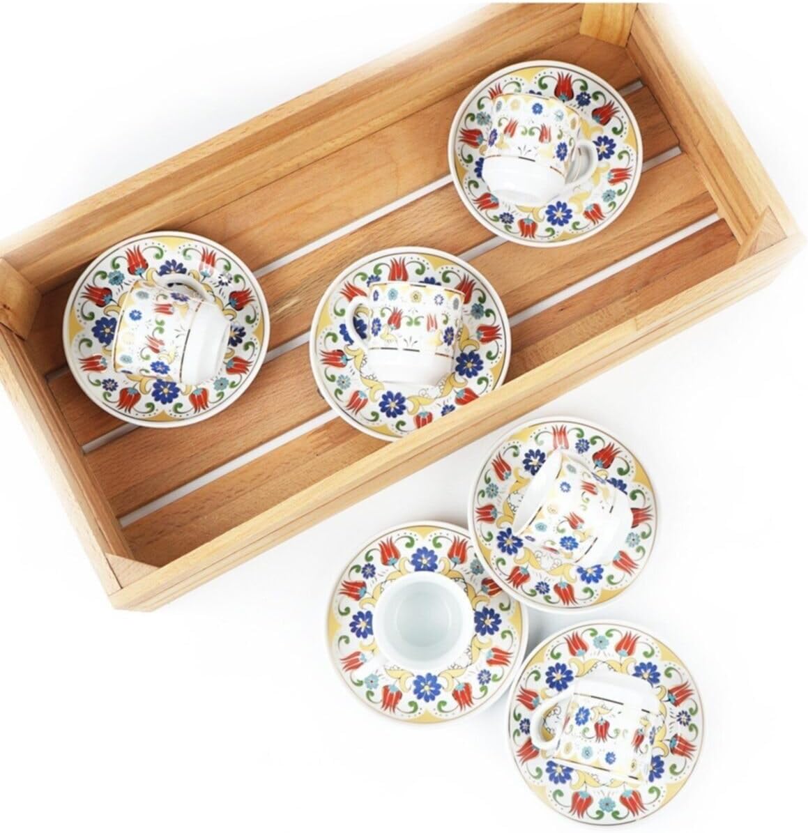 SODEF Coffee Set Porcelain 6-Piece Handmade Turkish Coffee Set for 6 People, 85 ml Capacity, Modern Design, Ecru Color - Ecru