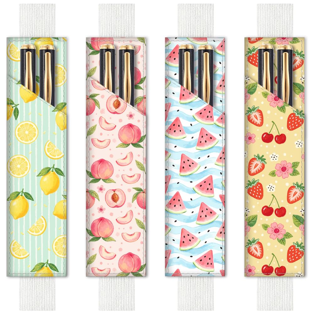 PRESSINART 4Pcs Elastic Band Pen Holder for Notebooks Diary Use Fruit Theme 4 Styles Elastic Pencil Pouch 7.9 x 1.8 Inch Lemon Strawberry, Adjustable Band, Leather Pen Case for Journal Bible Planner