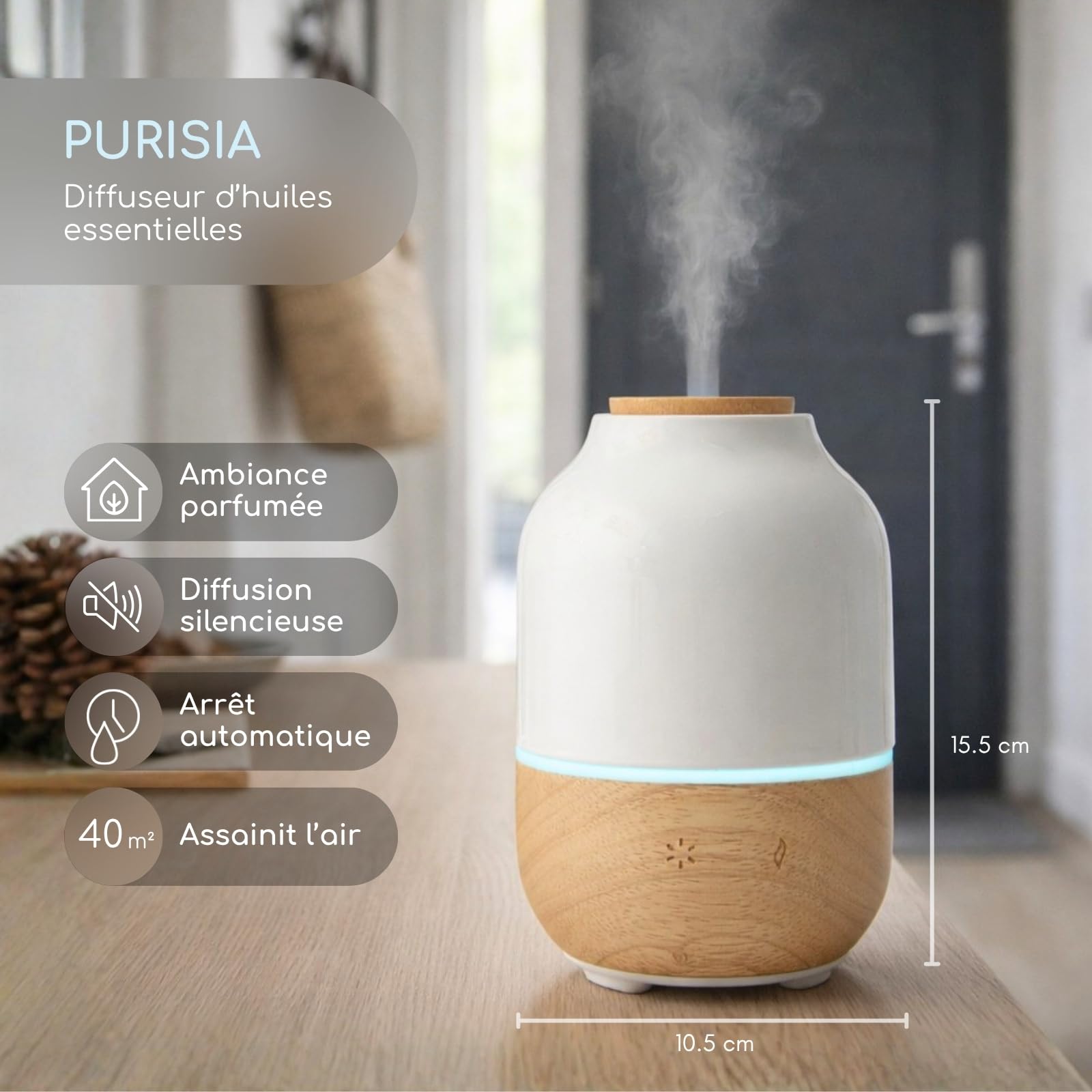 Zen’Arôme - Diffuseur d’Huiles Essentielles Ultrasonique Purisia (Jusqu’à 40 m²) - Diffusion à Froid pour l’Aromathérapie - Mode Continu ou Alterné - Éclairage Multifonction - Céramique et Bois