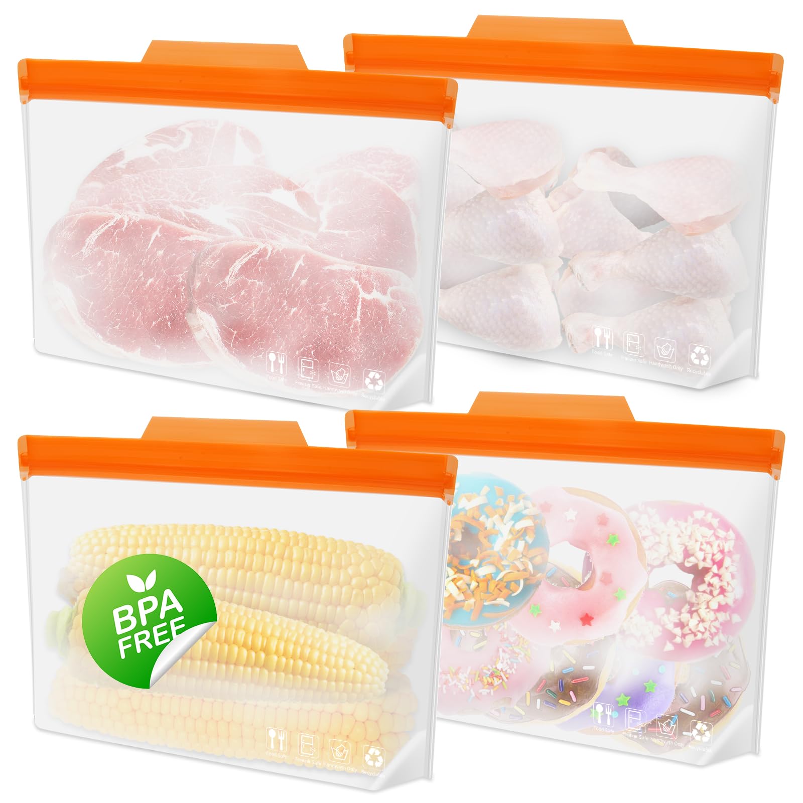 Reusable Freezer Bags, Stand Up Food Storage Bags, BPA FREE Ziplock Bags, Leakproof Food Containers for Meal Prep, Travel, Jewelry, Fridge Home Organization, 4 Pack (4 Large)