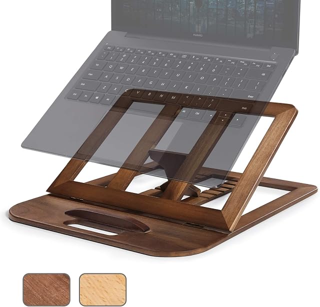 RAVEGO Wooden Laptop Stand, Foldable Ventilated Laptop Riser, Adjustable Computer Stand for Desk, MacBook Notebook Laptop Holder with Multiple Angles for Laptops Up to 15.6 inches (Walnut)