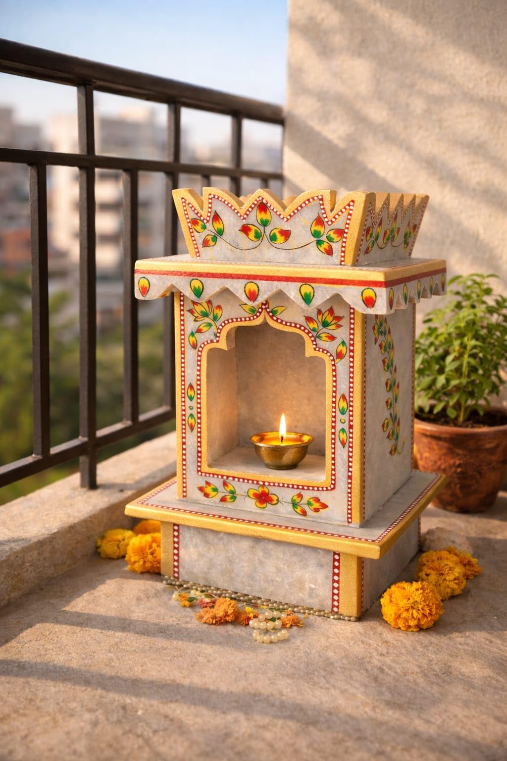 Handcrafted Decorative Planter Shrine, Painted Plant Stand with Floral Design, Marble Finish-image-2