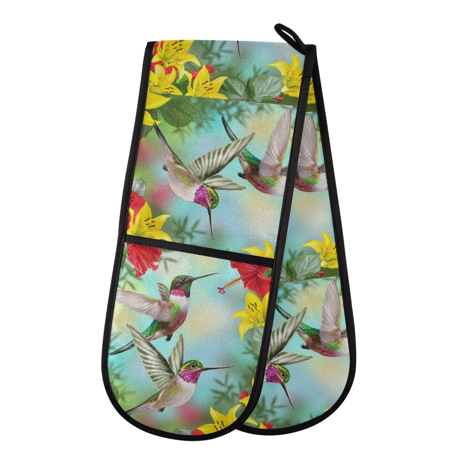 Double Oven Glove Flower Hummingbird Heat Resistant Double Ovens Mitt Modern Cooking Gloves Potholders