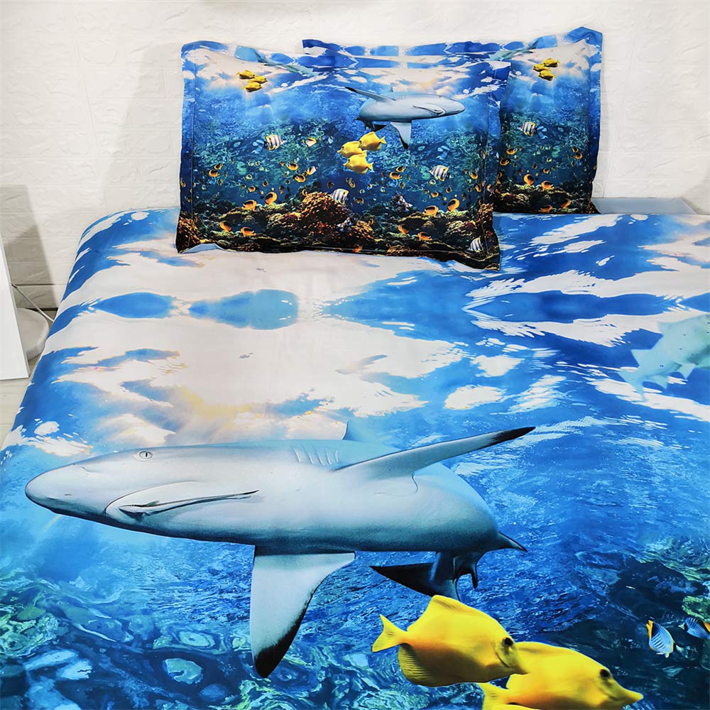 Meet 100% Algodón 400 Hilos Juego De Funda Nórdica Anti-ácaros Tiburón, Azul, Pez Coral Suave 3 Piezas(1 Funda Nórdica + 2 Fundas De Almohada 50x75cm) ((220x 240cm+2/75x50cm) - Cama de 150/160)
