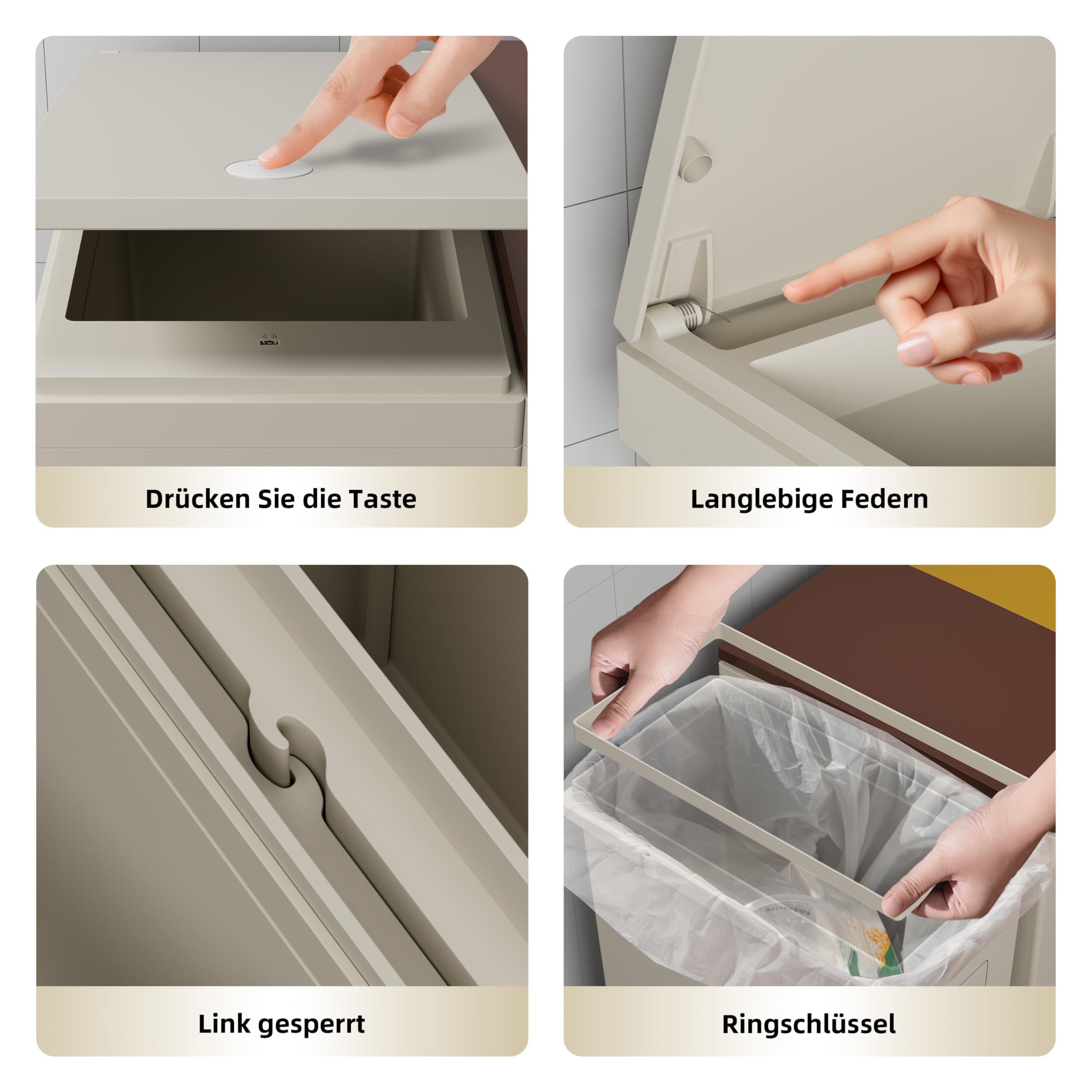 3-er Mülleimer-Set Küche Mülltrennsystem 3x Mülleimer mit Deckel, 3 X 12L, herausnehmbare Recycling-Mülleimer mit Rollen, Mülltrennsystem für Papier, Kunststoff, Glas, Küchenmülleimer (36L-100)