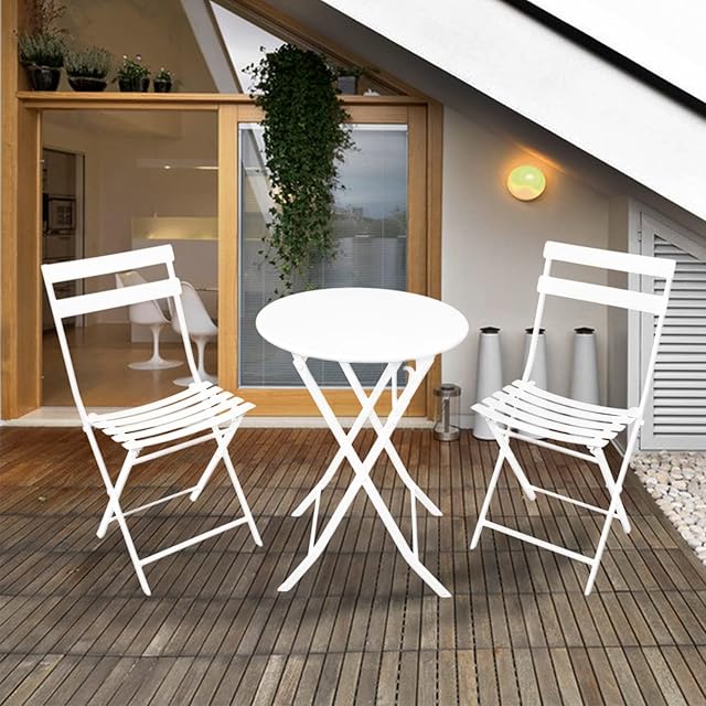GardenAddict Luxury Bistro Set 3 Pieces Heavy-duty Folding Garden Table and Chairs Outdoor Patio Balcony Garden Furniture 1 Round Table and 2 Chairs (White)