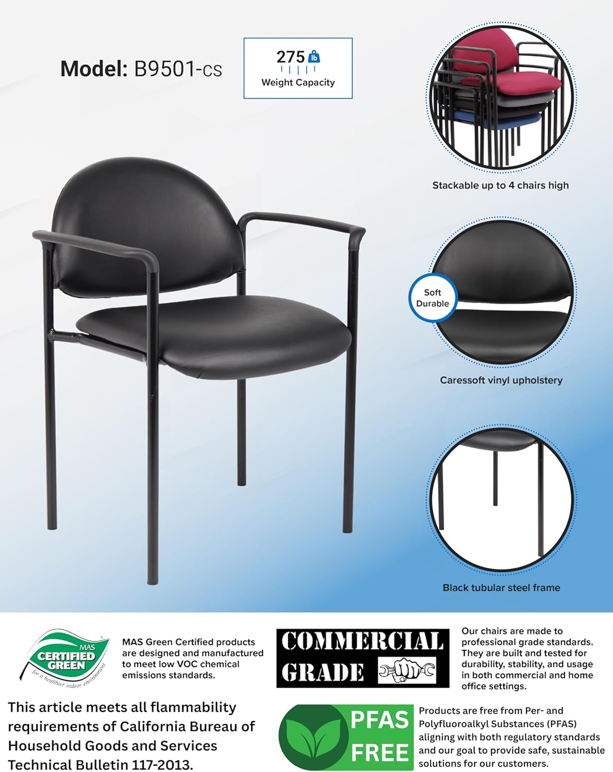 Boss Office Products Dimond Caressoft Stacking Chair with Arms in Black, 250 lbs. (B9501-CS)