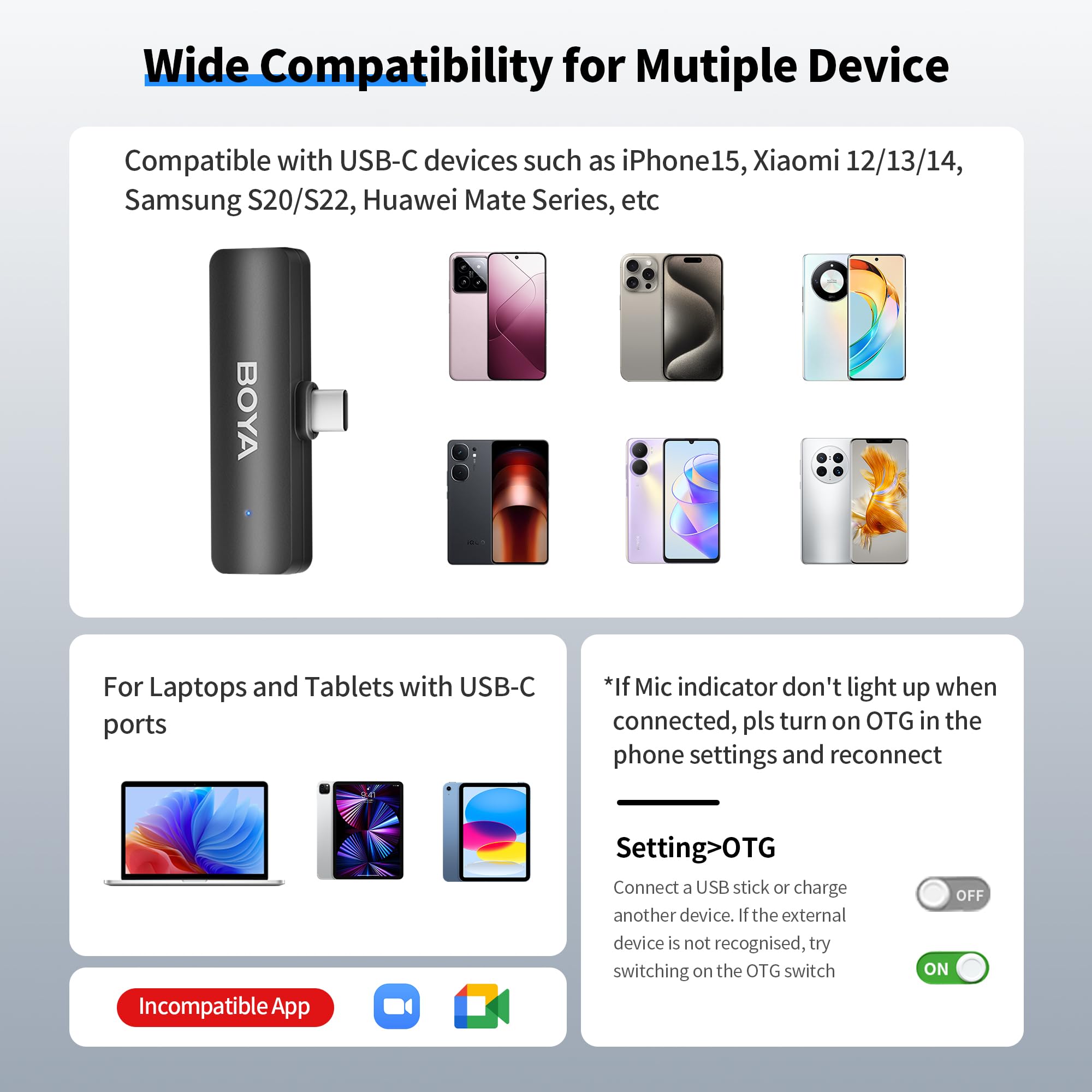 BOYA BY-V4U USB C Micrófono inalámbrico para Android, Mini micrófono Lavalier inalámbrico, 200 m de Alcance con cancelación de Ruido, para grabación de vídeo, podcasts, entrevistas.