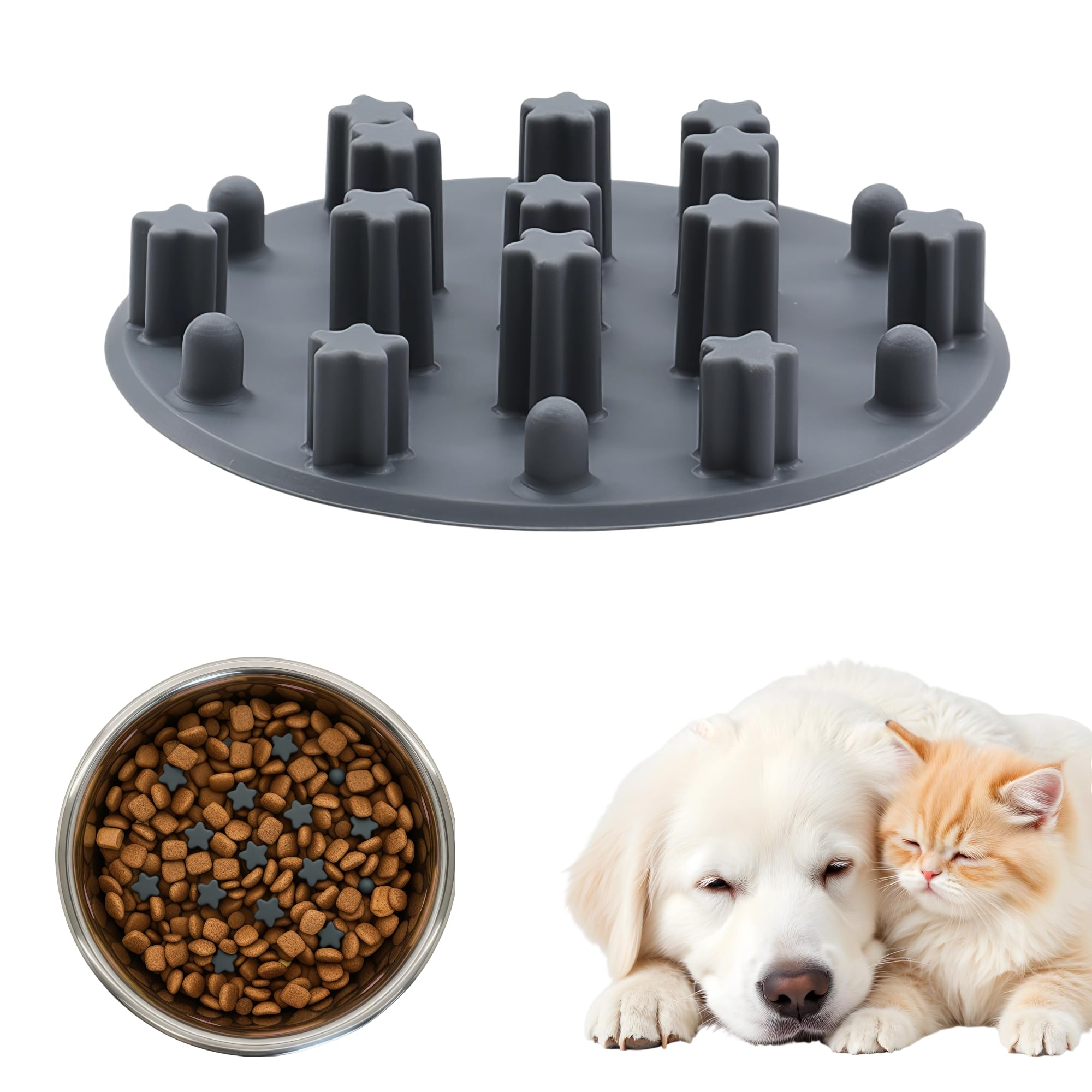Slow Feeder Insert for Cat Dog Bowls, Anti-Choking Silicone with Strong Suction Cups, Fits Most Cat Bowls, Ideal for Puppy Small Medium Breeds (Grey)