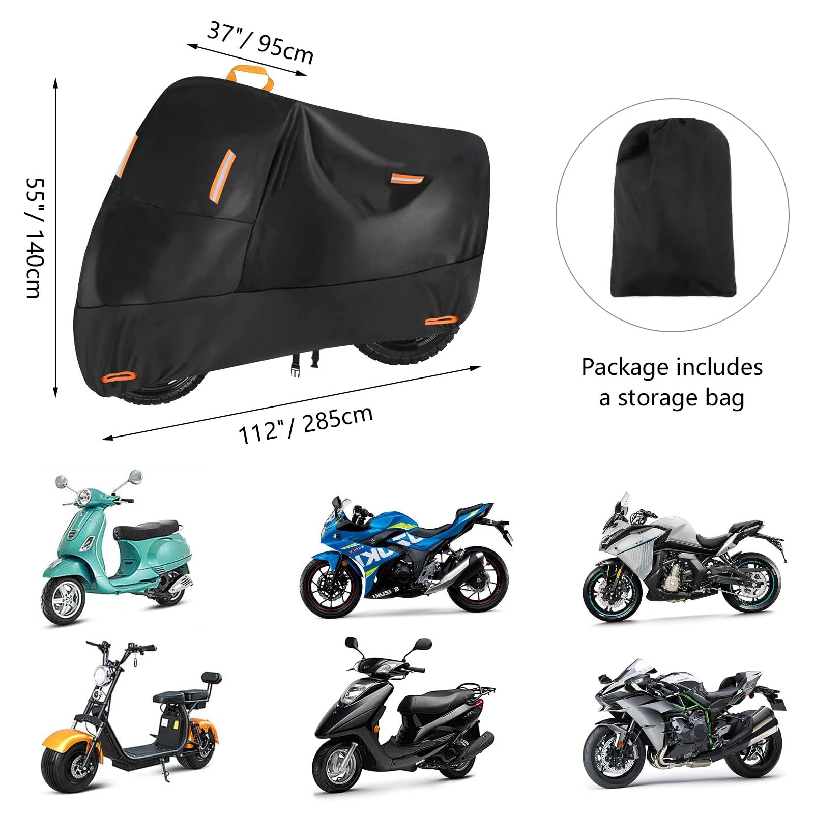 Seceles Housse de protection robuste pour moto, toutes saisons, durable et étanche, avec 4 bandes réfléchissantes, sac de rangement pour Yamaha Honda Harley Suzuki (4XL)