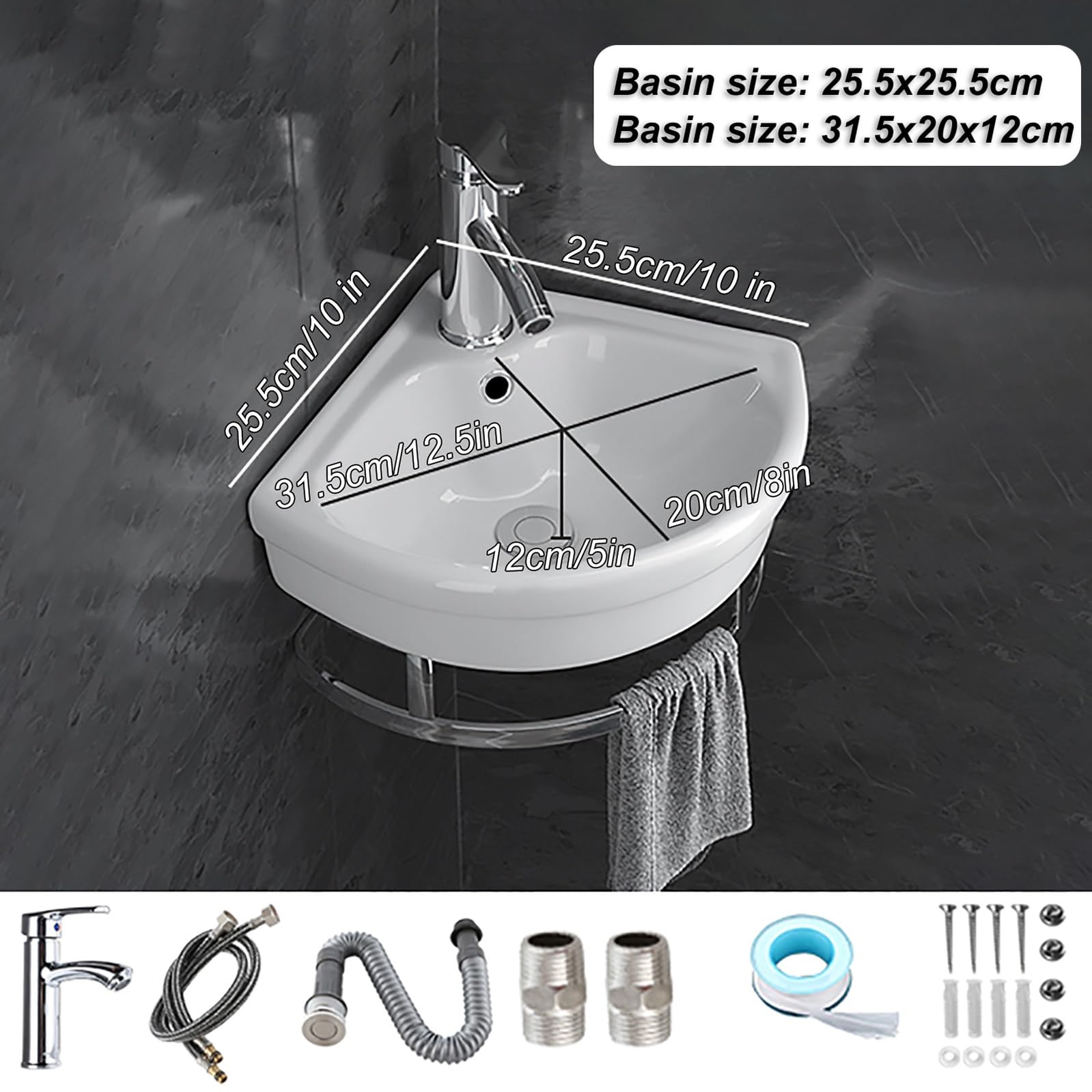 Lavello da bagno moderno ad angolo da 25,4 cm, piccolo lavabo da parete con rubinetto di scarico barra per asciugamani per cucina bagno fattoria