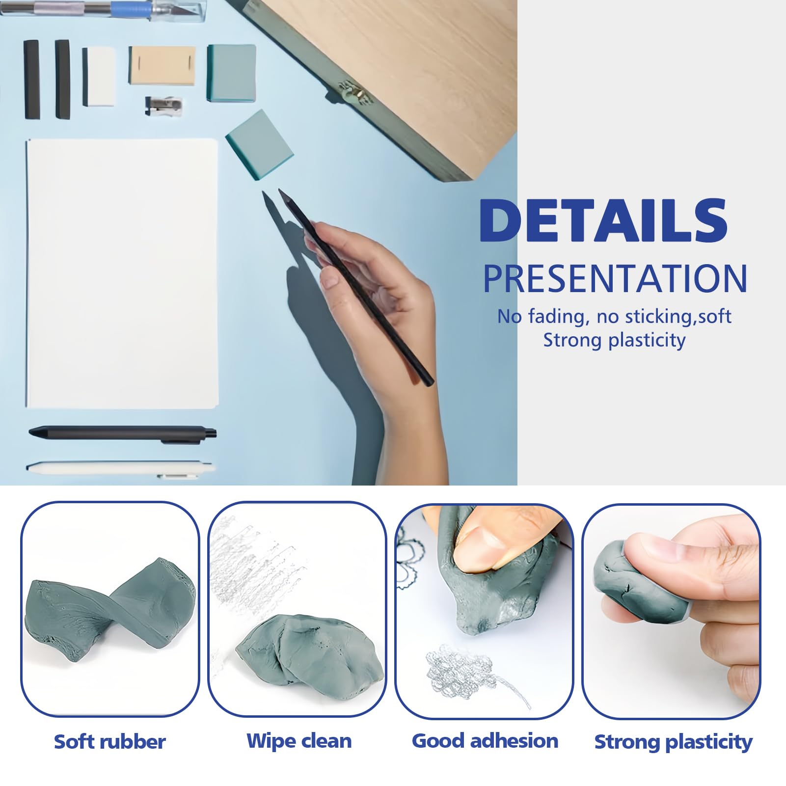 Kneaded Art Eraser Putty Rubber 4PCS Grey Soft Durable Sketch Brick Kneadable Eraser Correcting Charcoal Pencils Set for Artists Craft Drawing Sketching Home School University Colouring Graphic - Image 3