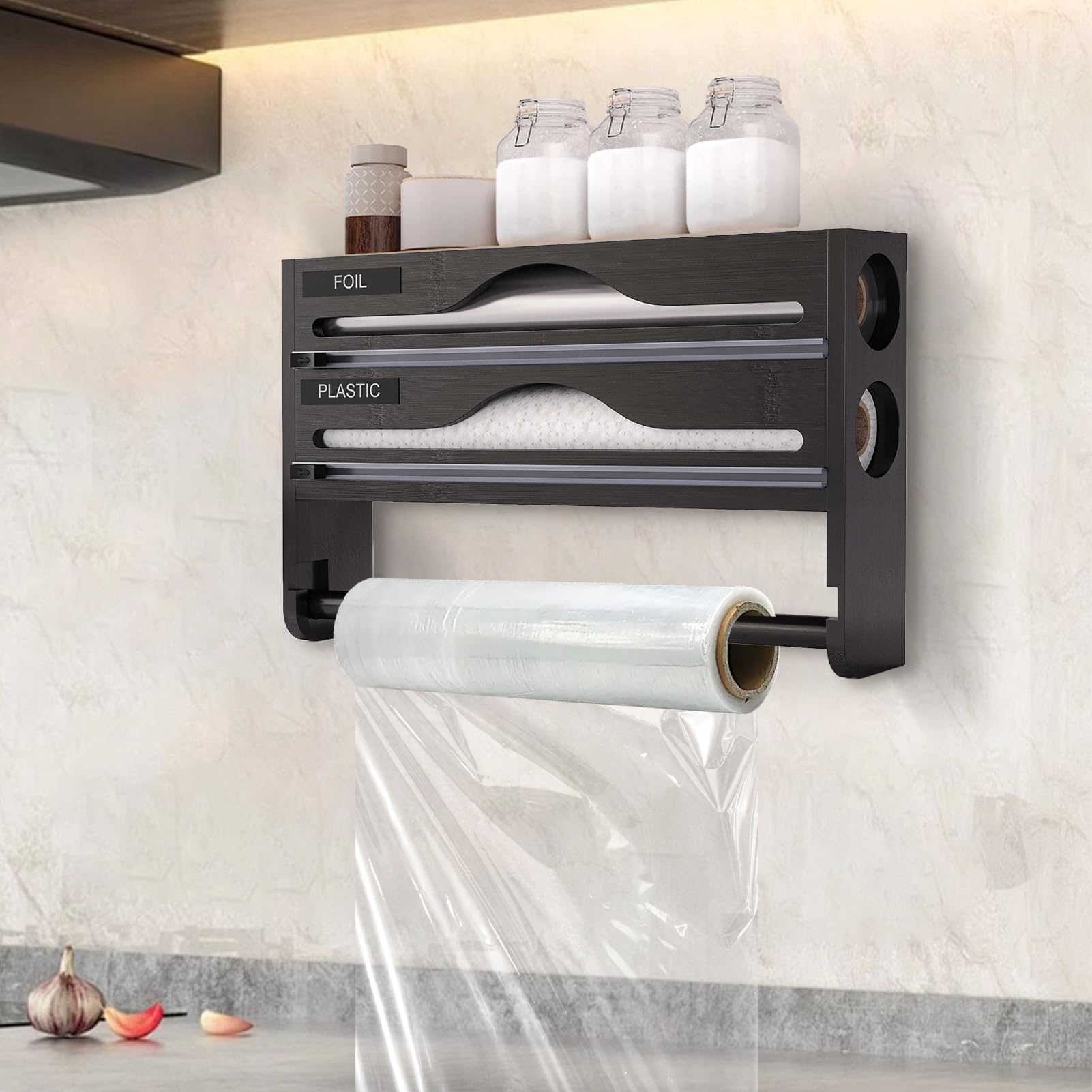 Dispensador Film Adherente para Aluminio Montaje Pared Soporte Almacenaje | Dispensador Aluminio Con Portarrollos Ahorro Espacio Cocina Armario Despensa