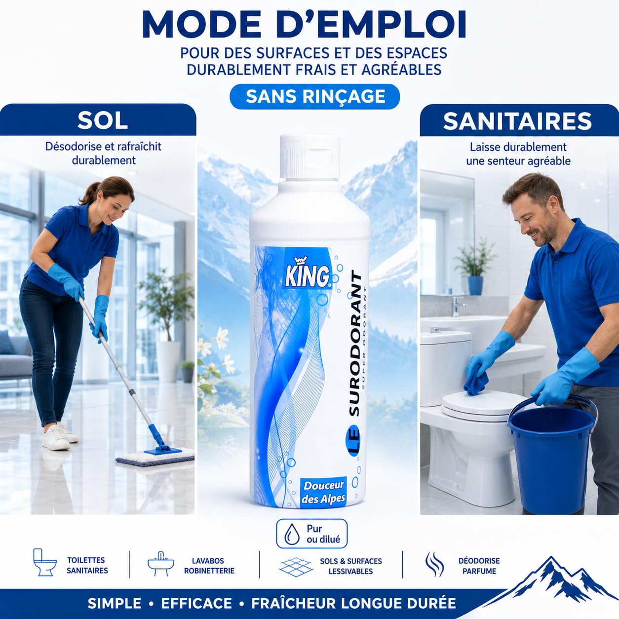KING Surodorant Douceur des Alpes 500 Ml | Concentré – pur ou dilué – sans rinçage – odeur rémanente plusieurs heures – WC sanitaires poubelles espaces collectifs