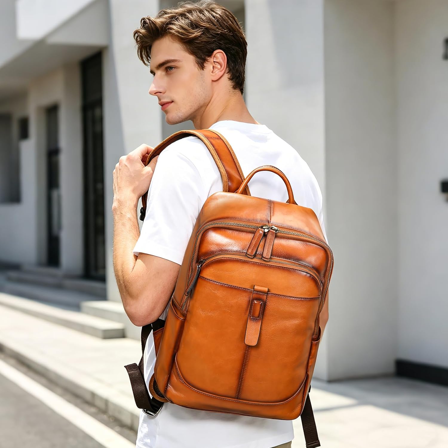 NIUCUNZH Genuine Leather Backpack for Men Travel Daypack Women College School Computer Bag for 15inch Laptop Business (brown)