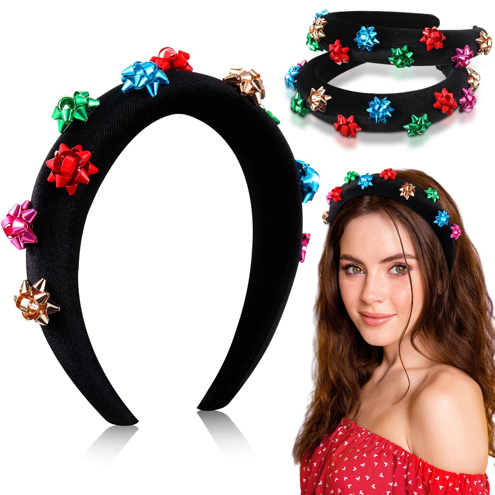 Yilloog 2 Pcs Christmas Headband Bow Velvet Padded Headband Xmas Holiday Party Gift for Women Girls Accessory Festive Present Bow Hair Clips(Gold)