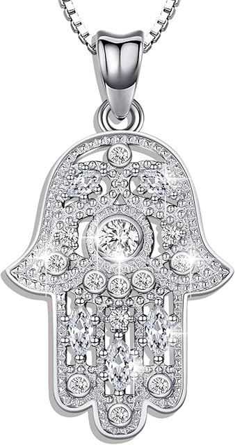 925 Sterling Silver Hamsa Necklace for Women, Hand of Fatima Pendant with Cubic Zirconia, Protection Jewellery Gift - Come with delicate box