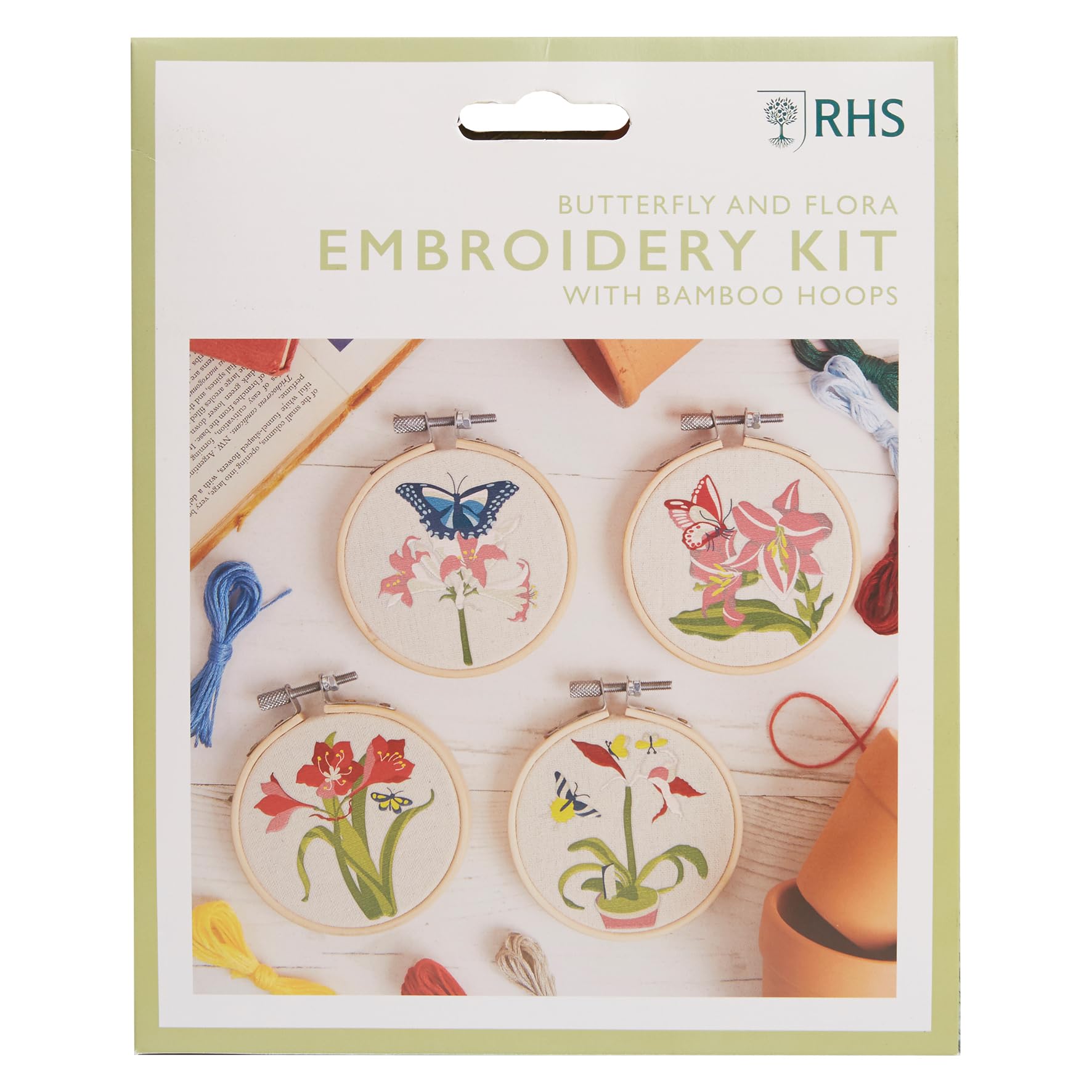 RHS The Royal Horticultural Society Embroidery Hoop Decoration Kit, Butterfly and Flora Designs, (Pack Of 4)