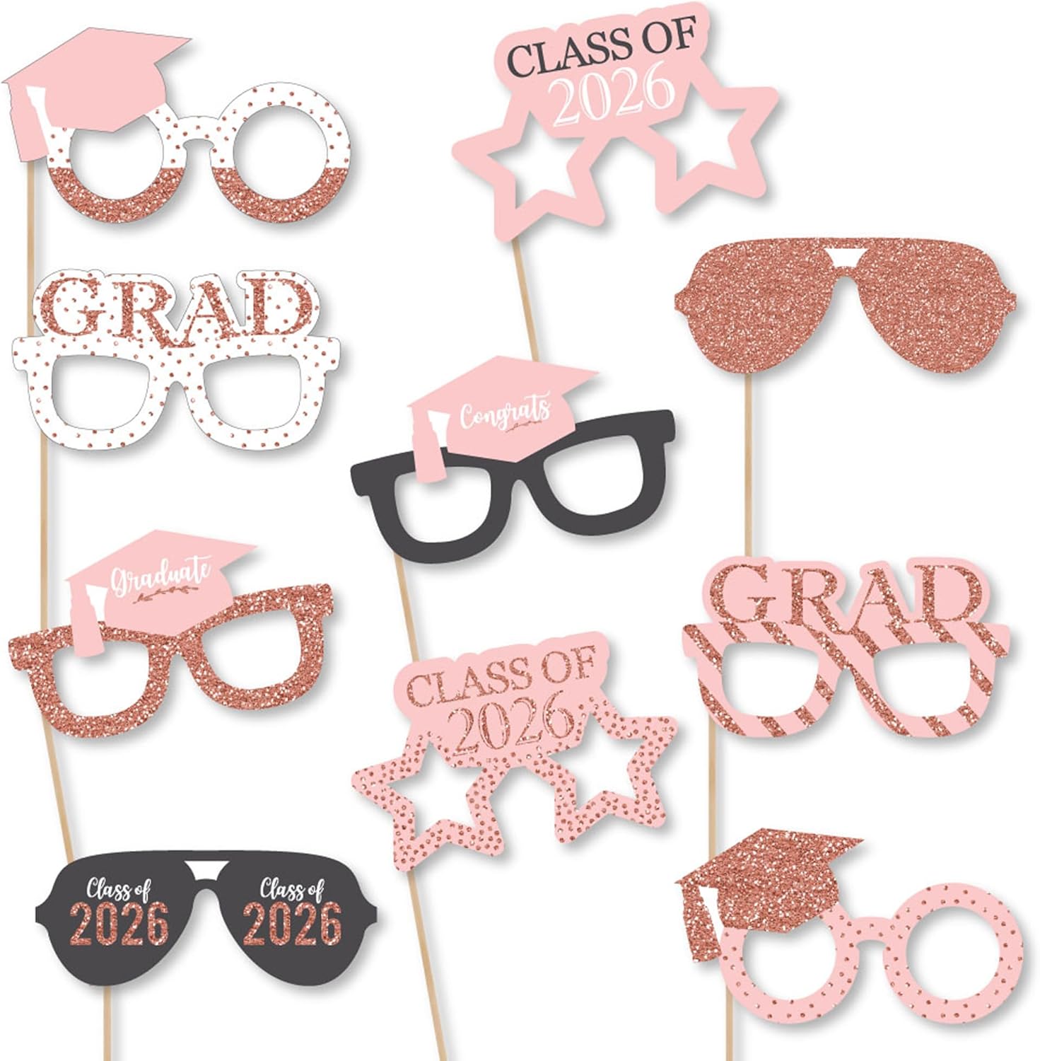 Big Dot of Happiness Rose Gold Grad Glasses - 2026 Paper Card Stock Graduation Party Photo Booth Props Kit - 10 Count