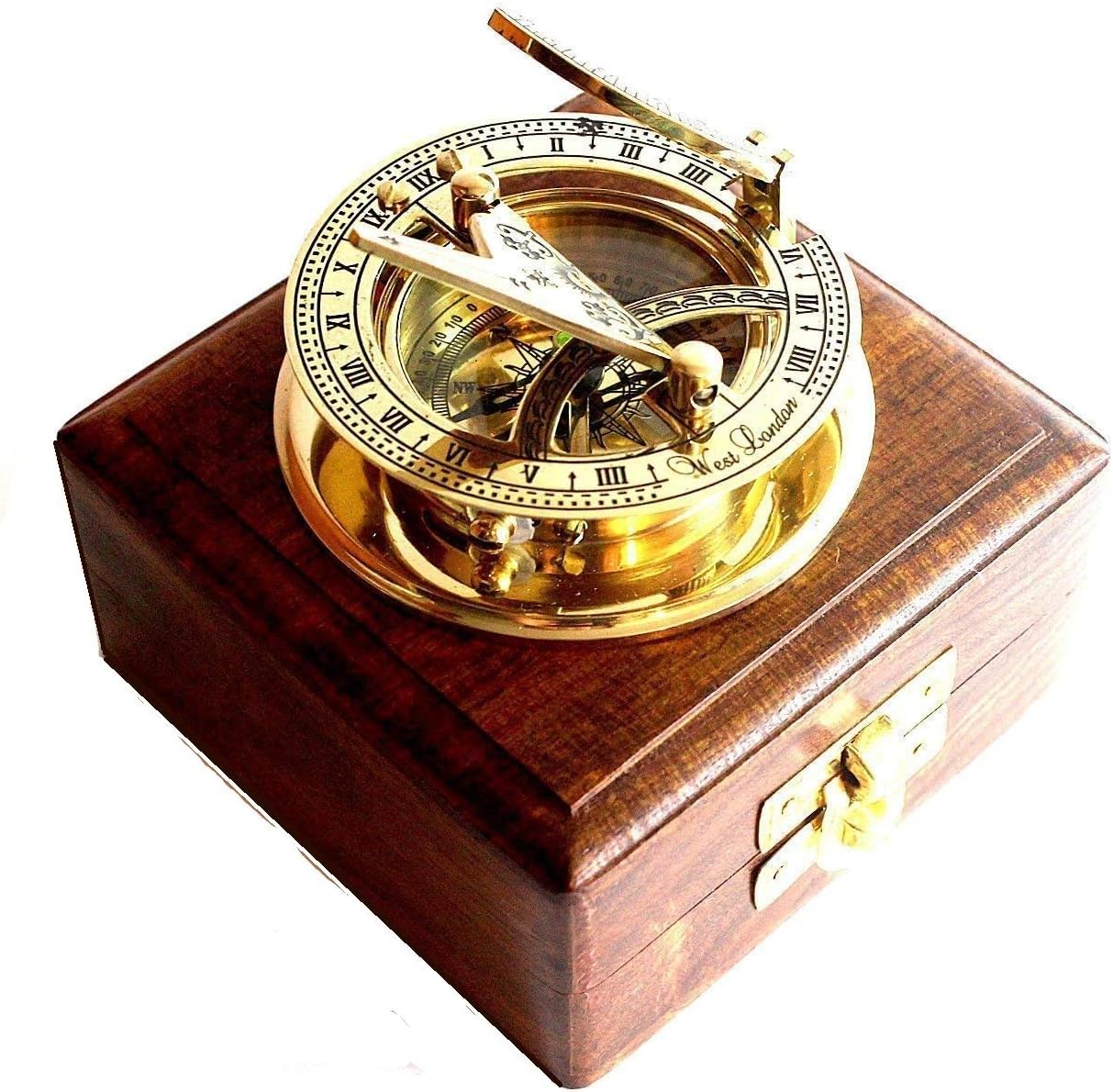 ANTIQUECOLLECTION Brass Sundial Compass -Solid Brass Pocket Sundial - West London with Wooden Box