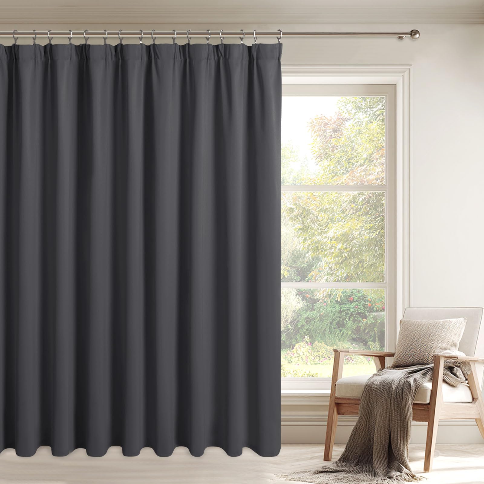 DWCN Raumteiler Vorhang Gardinen mit Kräuselband 210x250cm(HxB) 1er-Set Dunkel Grau Raumtrenner Thermovorhang Extra Breite Vorhänge Blickdicht mit Vorhang-Krawatten für Schiene Wohnzimmer Schlafzimmer