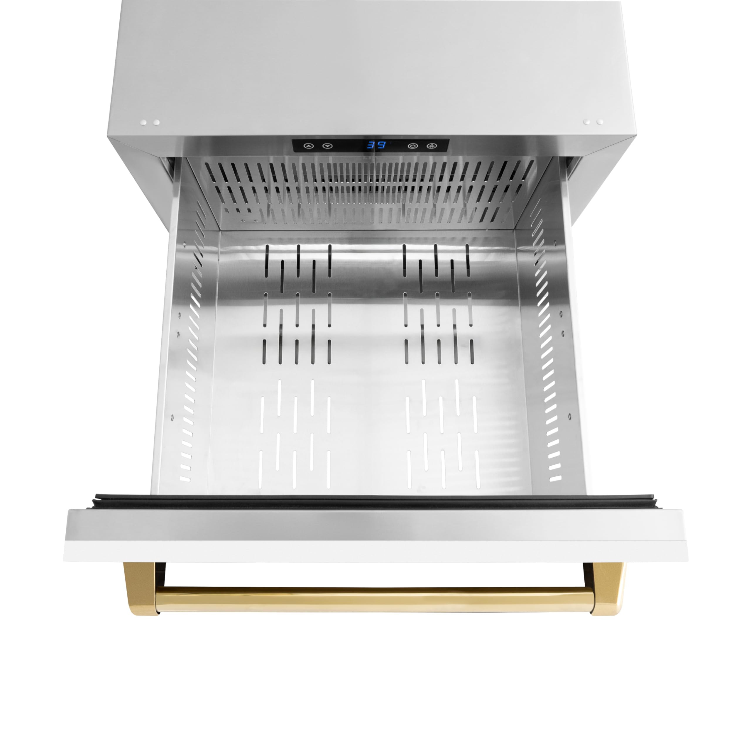 ZLINE Autograph Edition 24 In. Touchstone 168 Can Outdoor-Rated Dual Refrigerator Drawer With White Matte Doors And Polished Gold Handles (Rdsoz-Wm-24-G) on Fridge.com - View 3