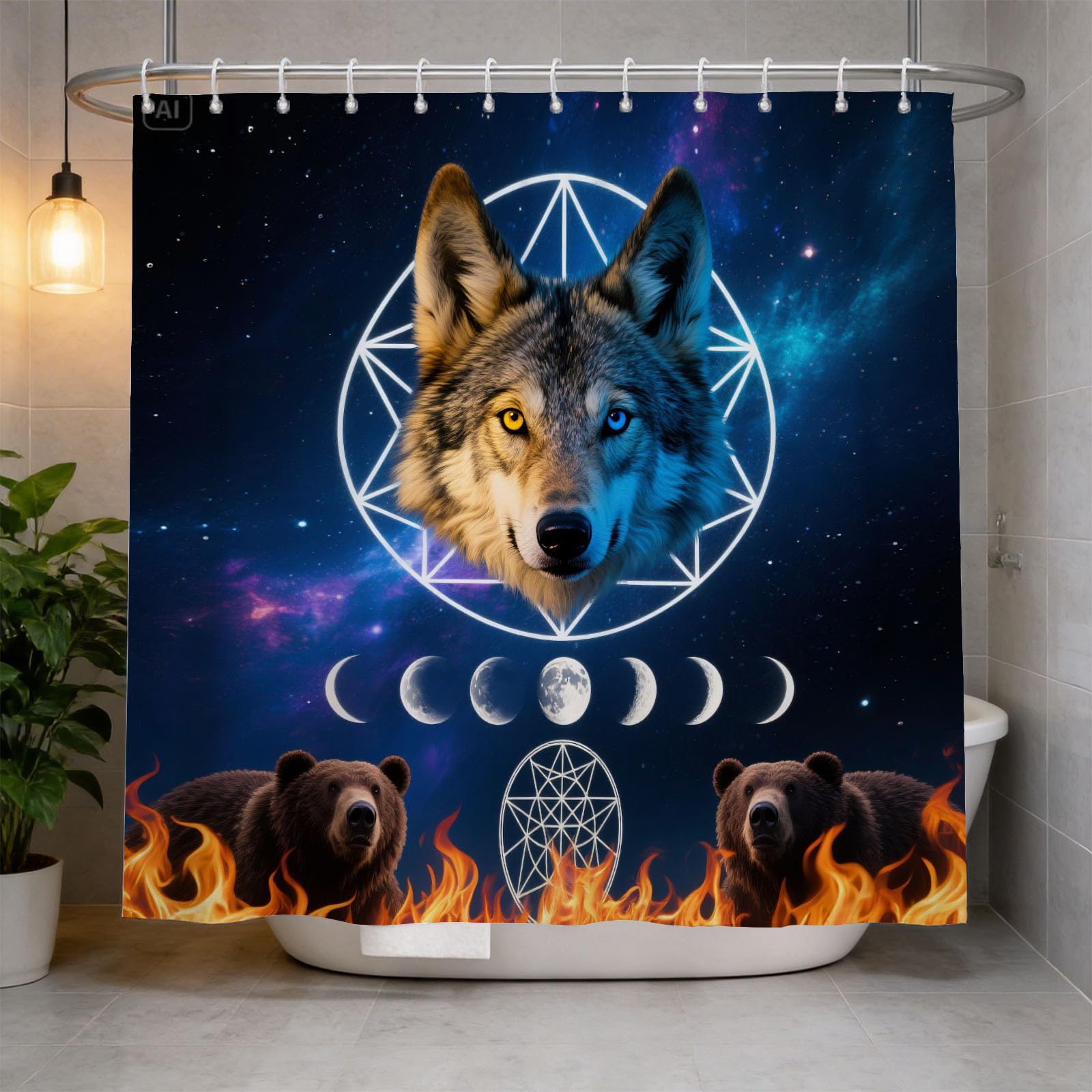 Hongduo 3D Moon Wolf Shower Curtain for Stalls Bathtubs Mystical Bathroom Decor Shower Curtain Set Polyester Fabric Waterproof 180x180cm/71X71 Inch with Hooks