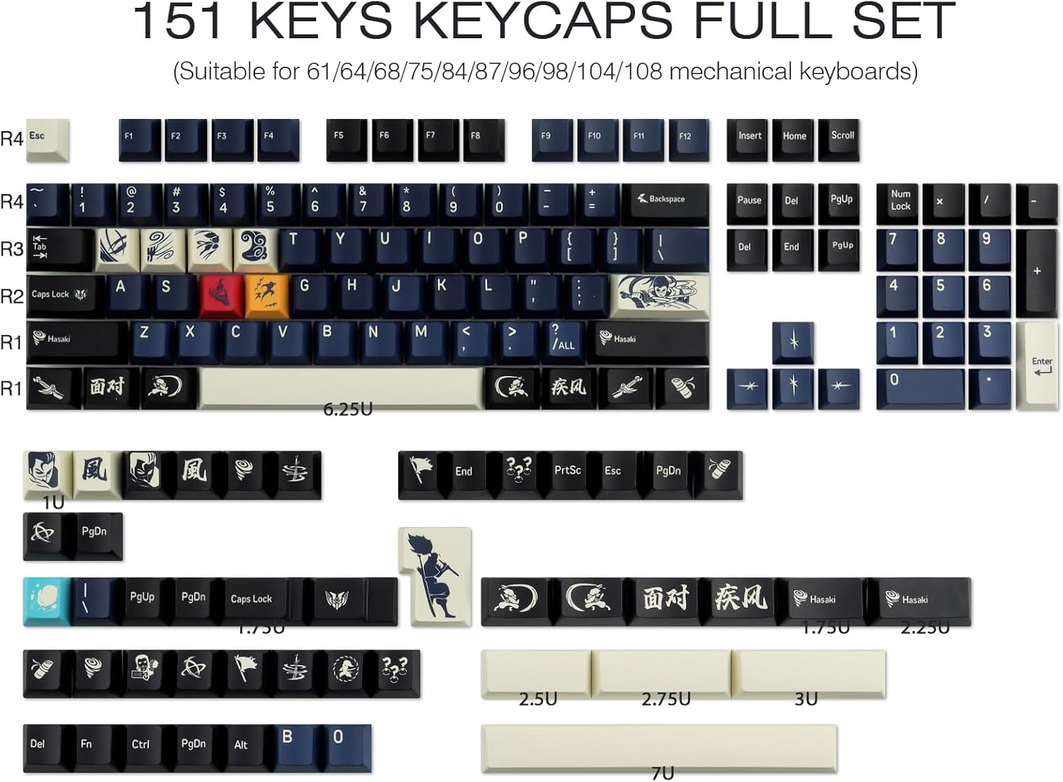 JOMKIZ Keycaps, 151 Keys Dye Sublimation Cherry Profile Keycaps Black Pbt Keycap Set for Cherry Magnetic Switches ISO/ANSI Layout Mechanical Keyboards