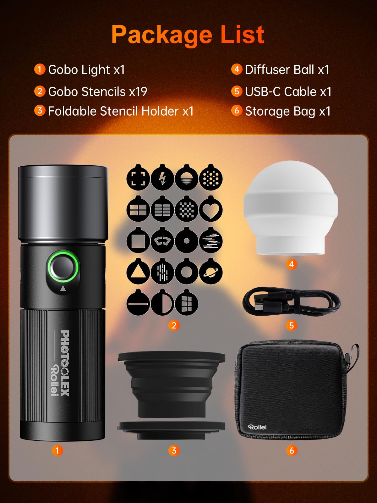 Rollei Photoolex GOBO Light, latarka LED do fotografii z 4 kolorowymi światłami i 19 końcówkami GOBO, światło wideo z wbudowanym akumulatorem 8400 mAh i dyfuzorem, latarka, fotografia, wideo, światło