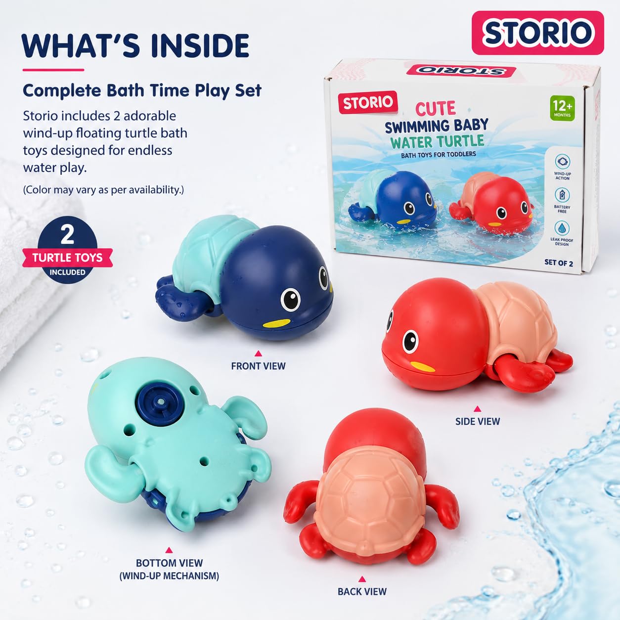 Storio Cute Swimming Baby Water Turtle Bath Toys for Toddlers | Set of 2 | Turtle Toy | 1-3, Floating Wind Up for 1 2 3 4 5 Year Old Boy Girl, New Born Baby Bathtub Water 2
